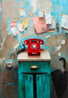 Red Phone – detailliert, realistisch, Interieur, ukrainisch, israelisch, Öl auf Leinwand