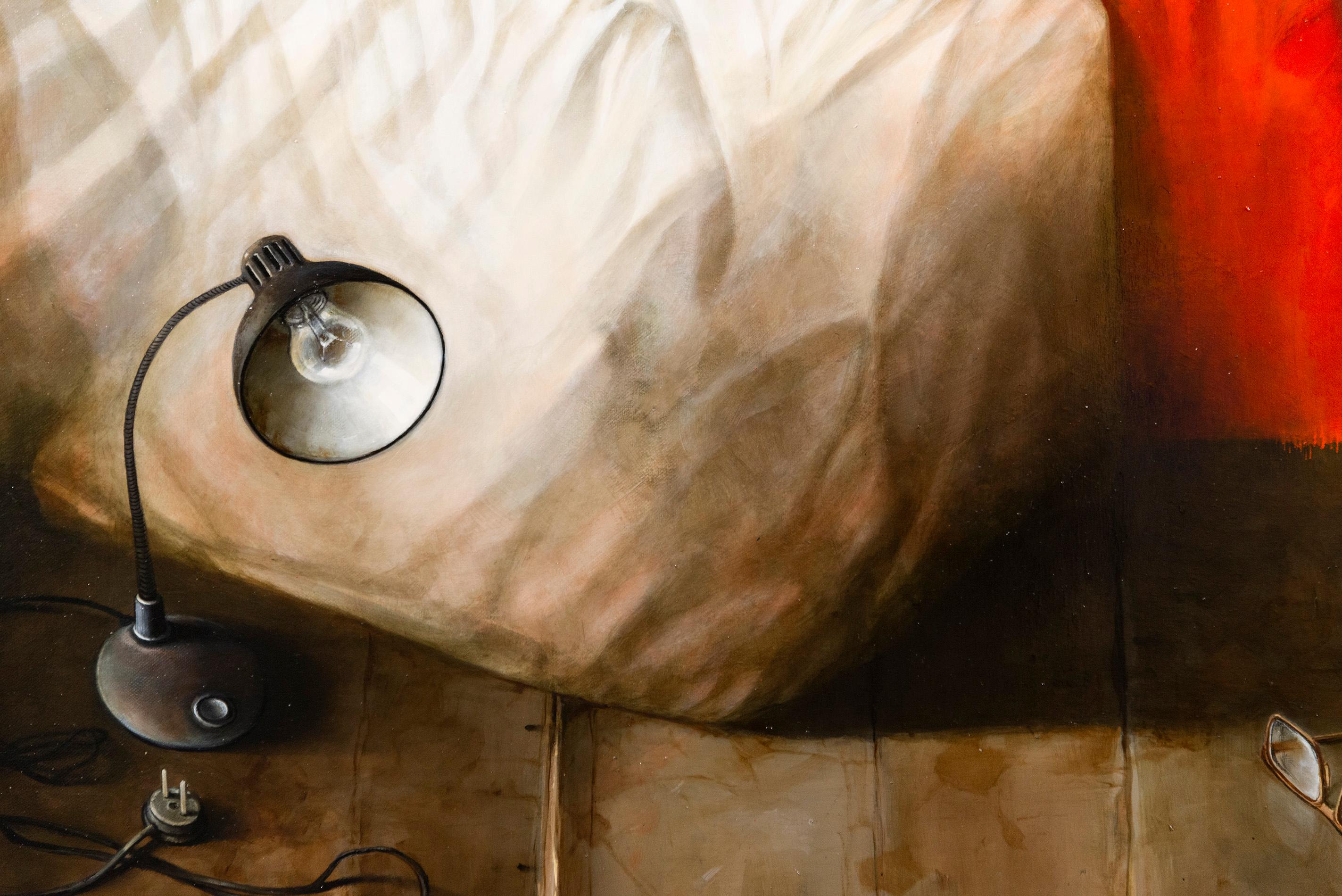 The Typewriter Under The Bed - Realismus, Interieur, Ukraine, Israeli, Öl/Leinwand (Beige), Interior Painting, von Dmitry Yuzefovich