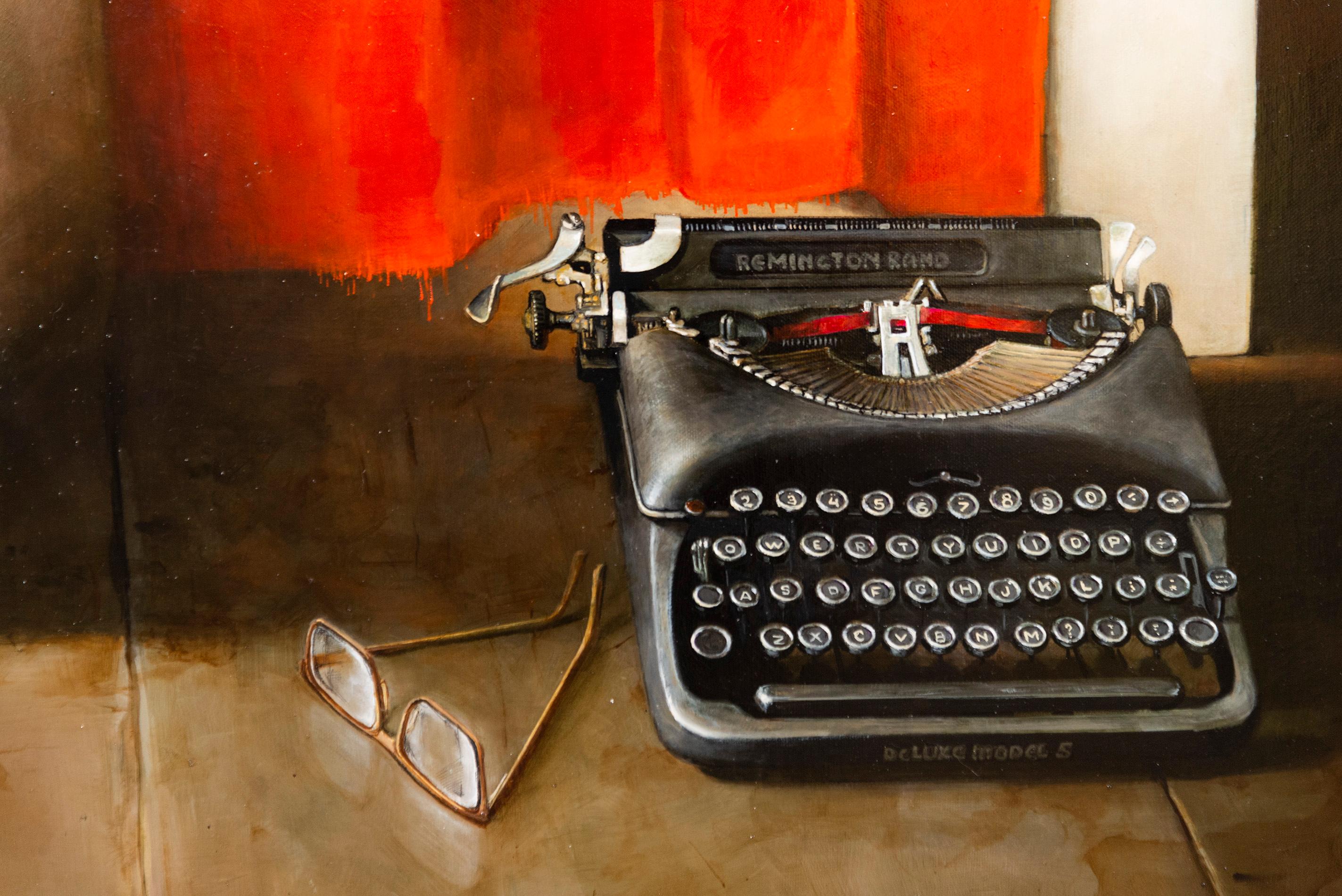 The Typewriter Under The Bed - realist, interior, Ukraine, Israeli, oil/canvas - Beige Interior Painting by Dmitry Yuzefovich