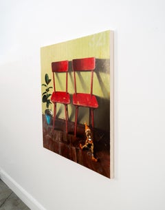 Rote Stühle und Pinocchio – realistisch, Interieur, ukrainisch, israelisch, Öl/Leinwand