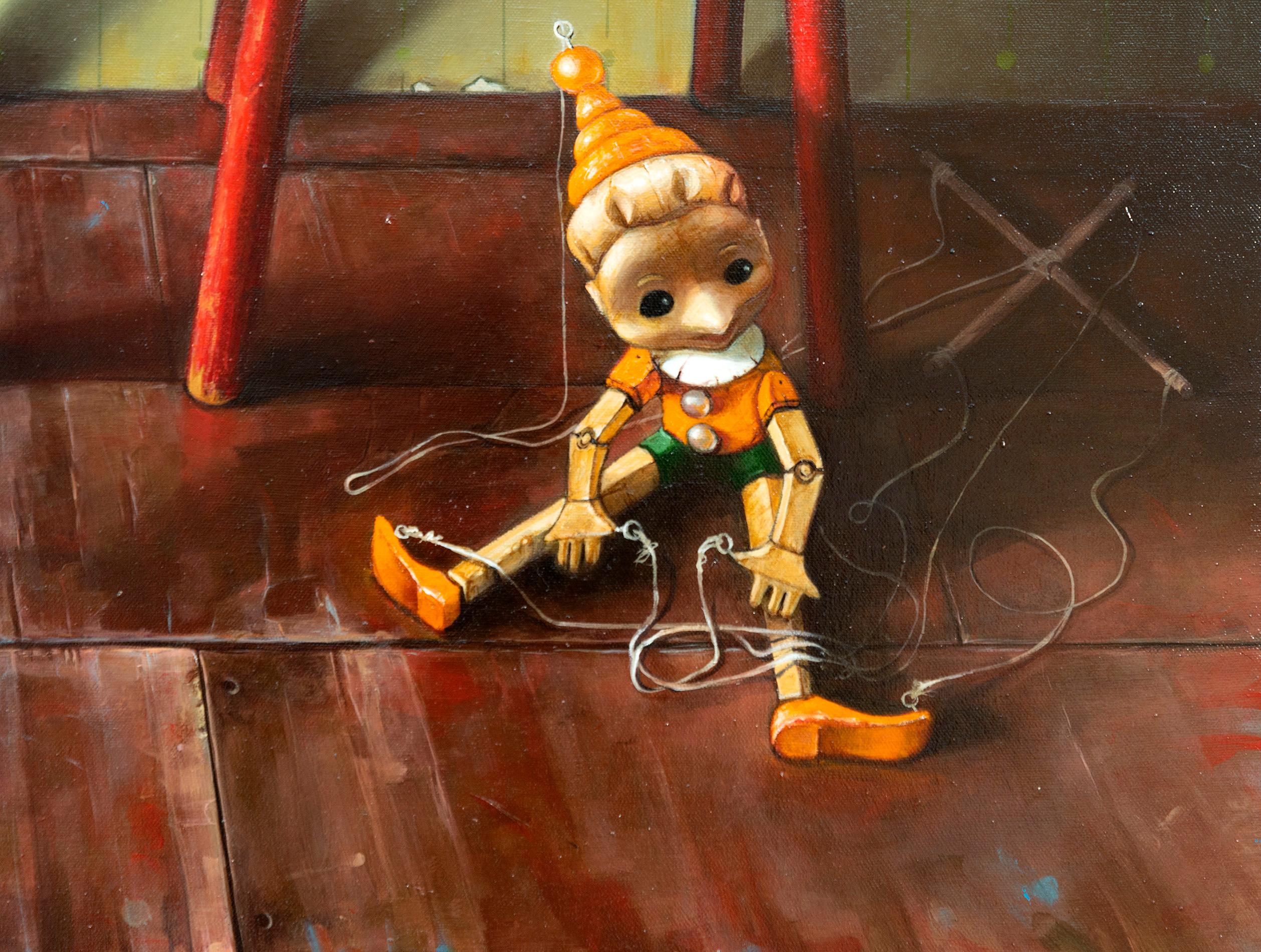 Due sedie rosse e Pinocchio - realista, interno, ucraino, israeliano, olio/tela - Painting Contemporaneo di Dmitry Yuzefovich