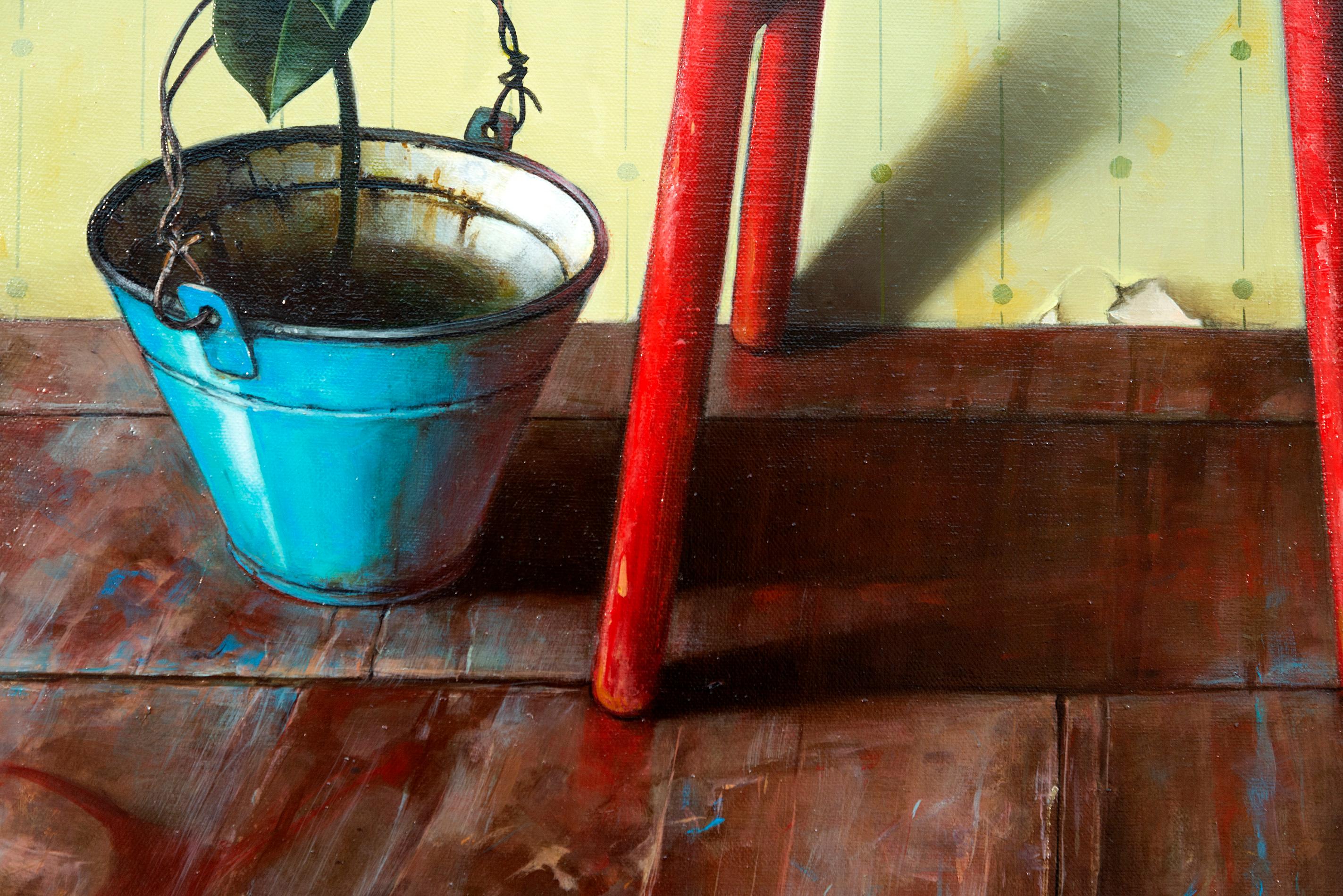 Due sedie rosse e Pinocchio - realista, interno, ucraino, israeliano, olio/tela - Still-Life Painting Marrone di Dmitry Yuzefovich