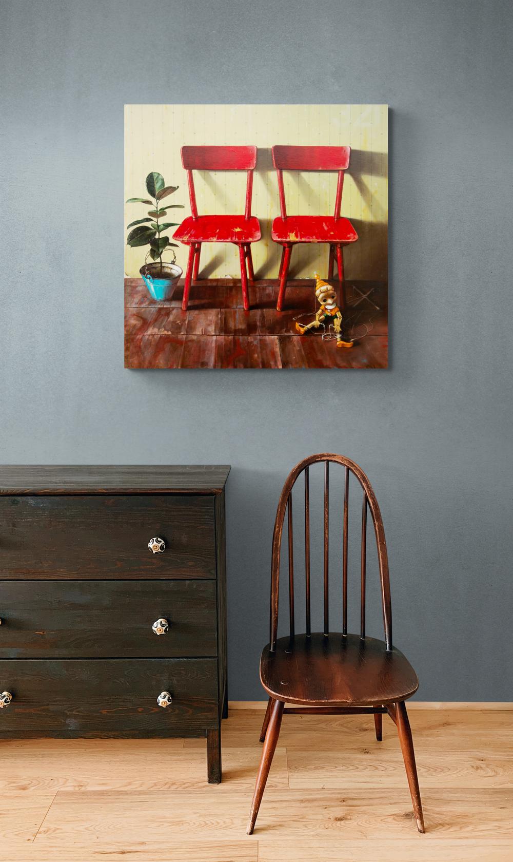 Two Red Chairs and Pinocchio - realist, interior, Ukrainian, Israeli, oil/canvas For Sale 4