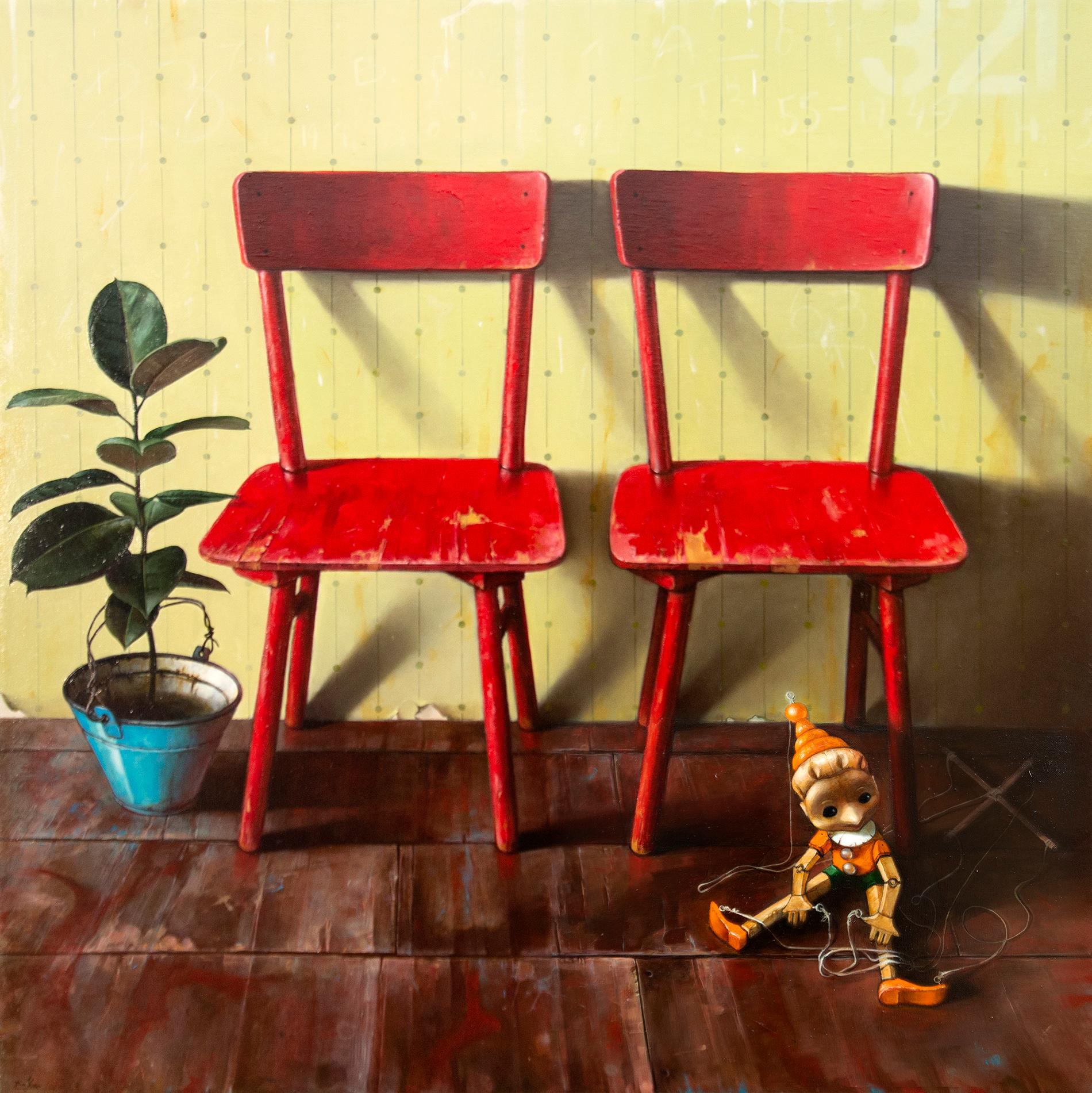 Two Red Chairs and Pinocchio - realist, interior, Ukrainian, Israeli, oil/canvas