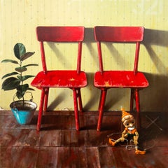 Two Red Chairs and Pinocchio - realist, interior, Ukrainian, oil on canvas