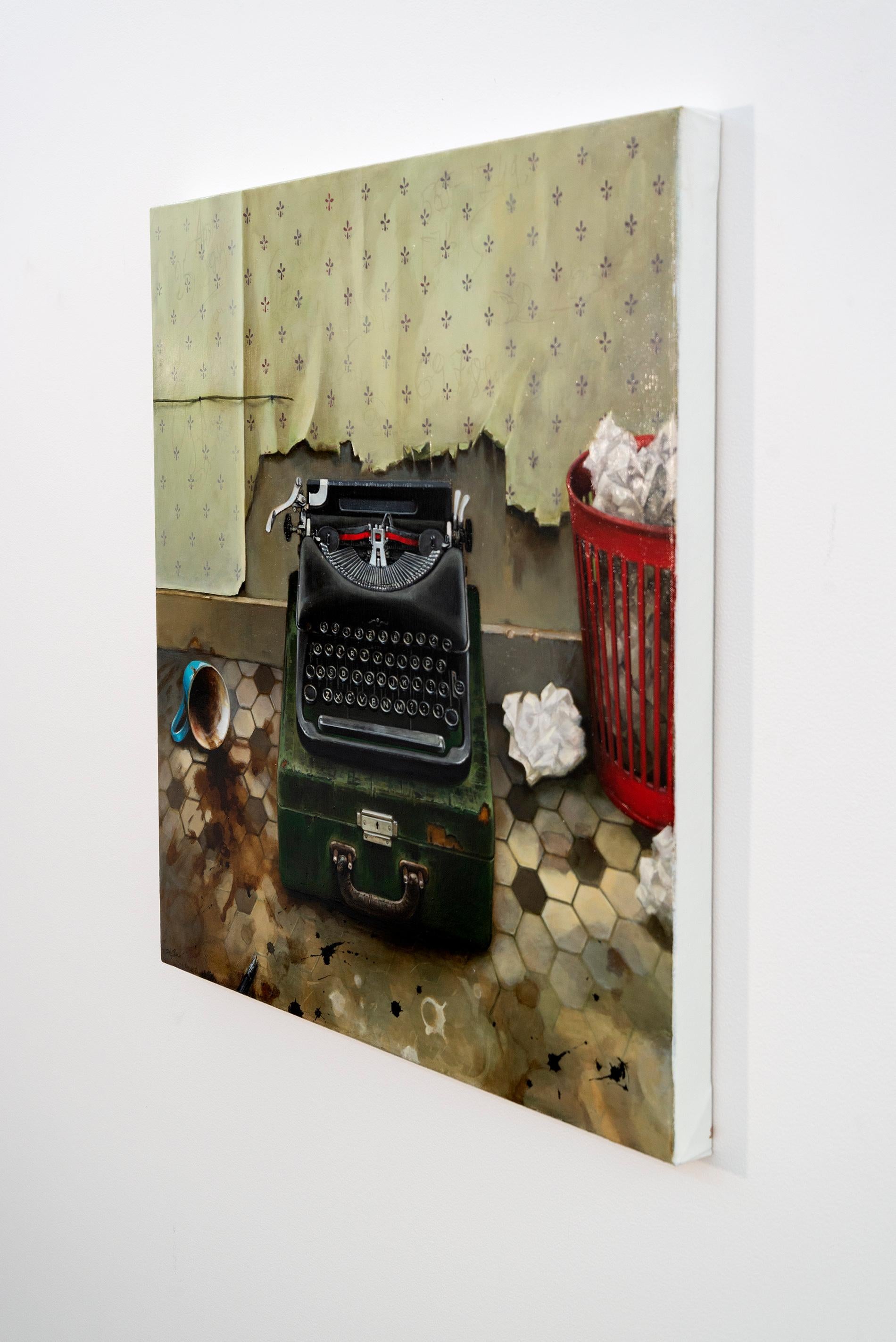 Máquina de escribir y papelera - bodegón, realista, Ucrania, israelí, óleo/lienzo - Painting Contemporáneo de Dmitry Yuzefovich