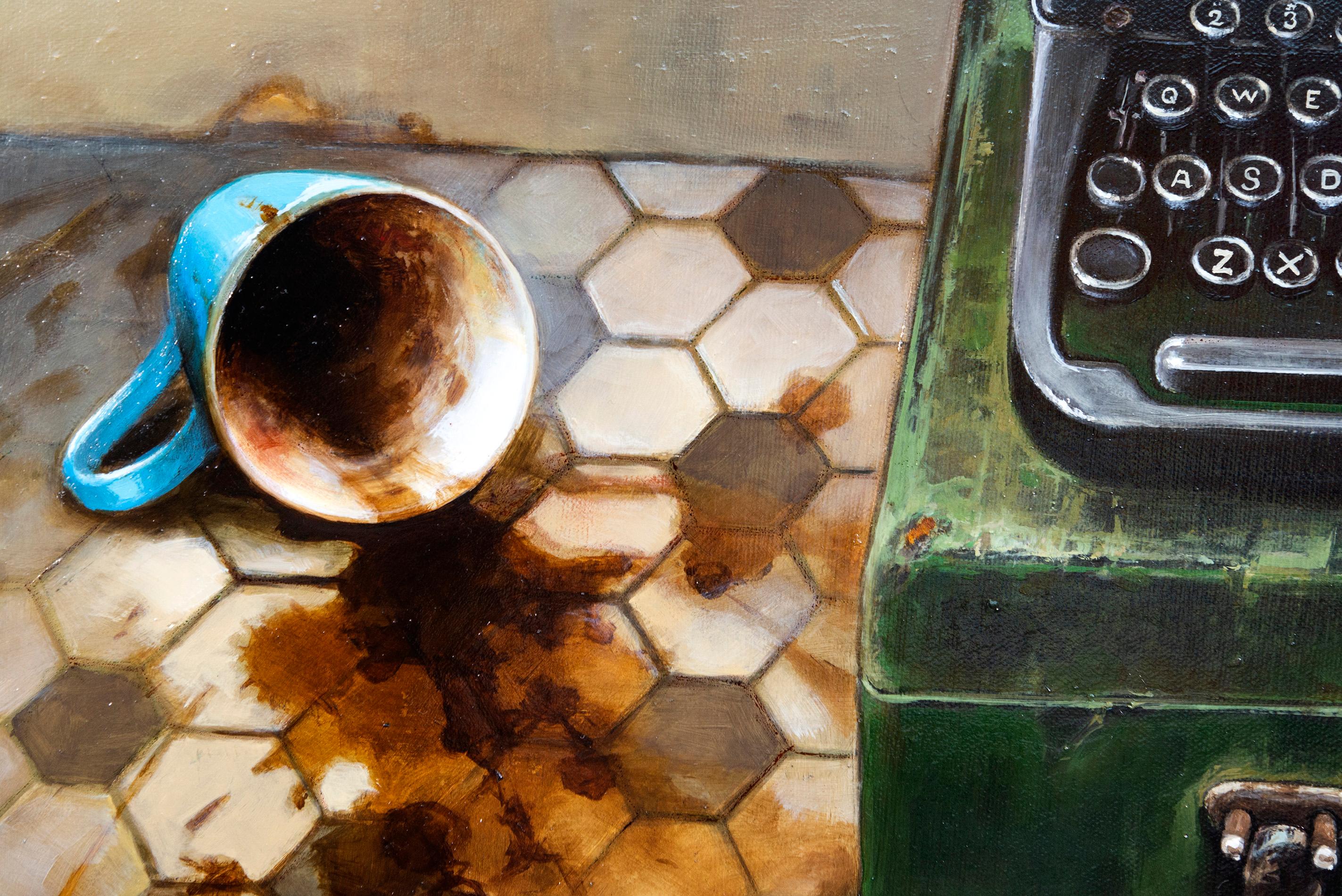 Máquina de escribir y papelera - bodegón, realista, Ucrania, israelí, óleo/lienzo - Still-Life Painting Marrón de Dmitry Yuzefovich