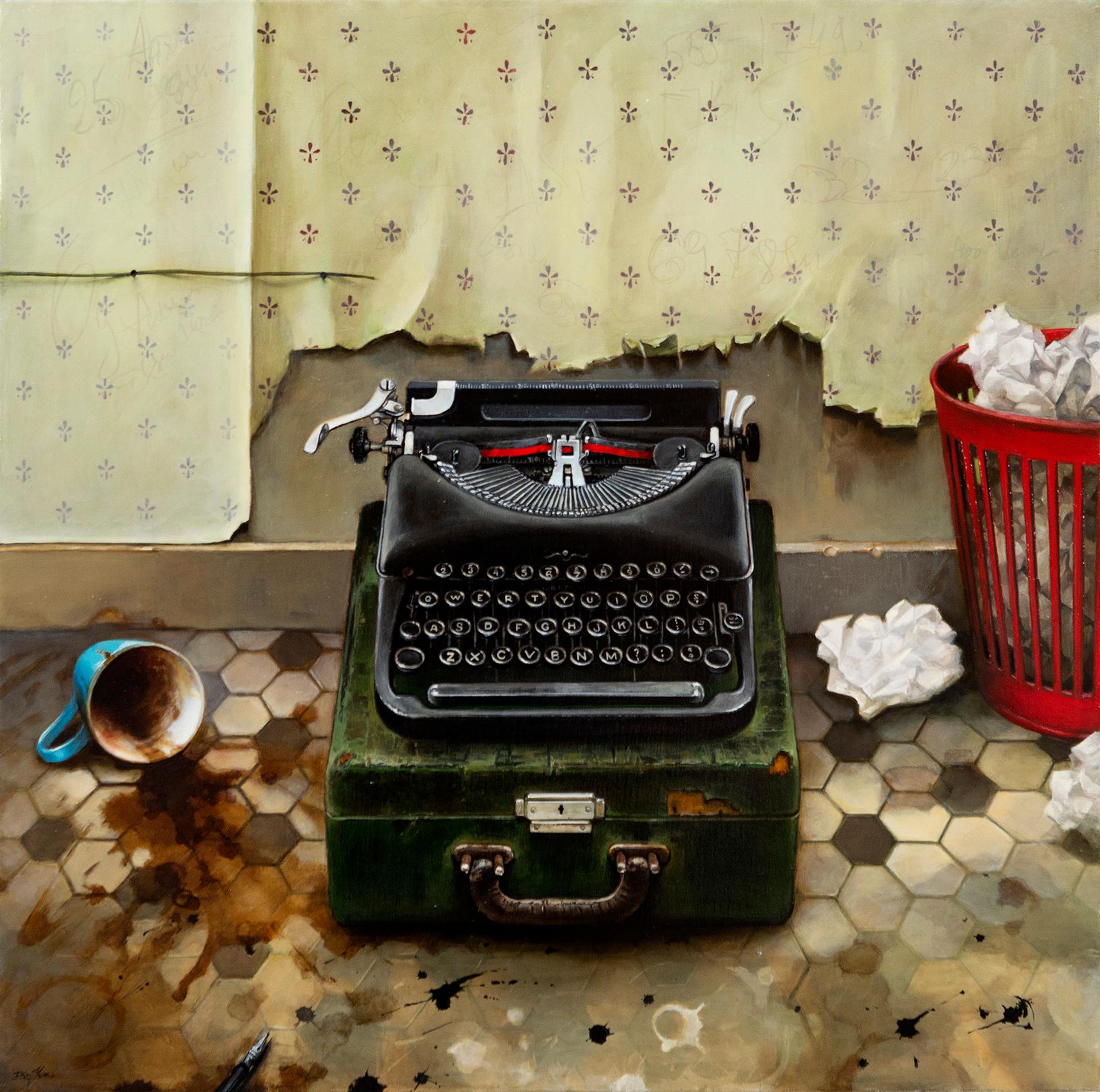 Still-Life Painting de Dmitry Yuzefovich - Máquina de escribir y papelera - bodegón, realista, Ucrania, israelí, óleo/lienzo