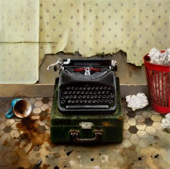 Machine à écrire et corbeille à papier - nature morte, réaliste, Ukraine, Israël, huile/toile