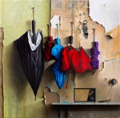 Umbrellas and Radio - realist, interior, Ukraine, Israeli, oil on canvas
