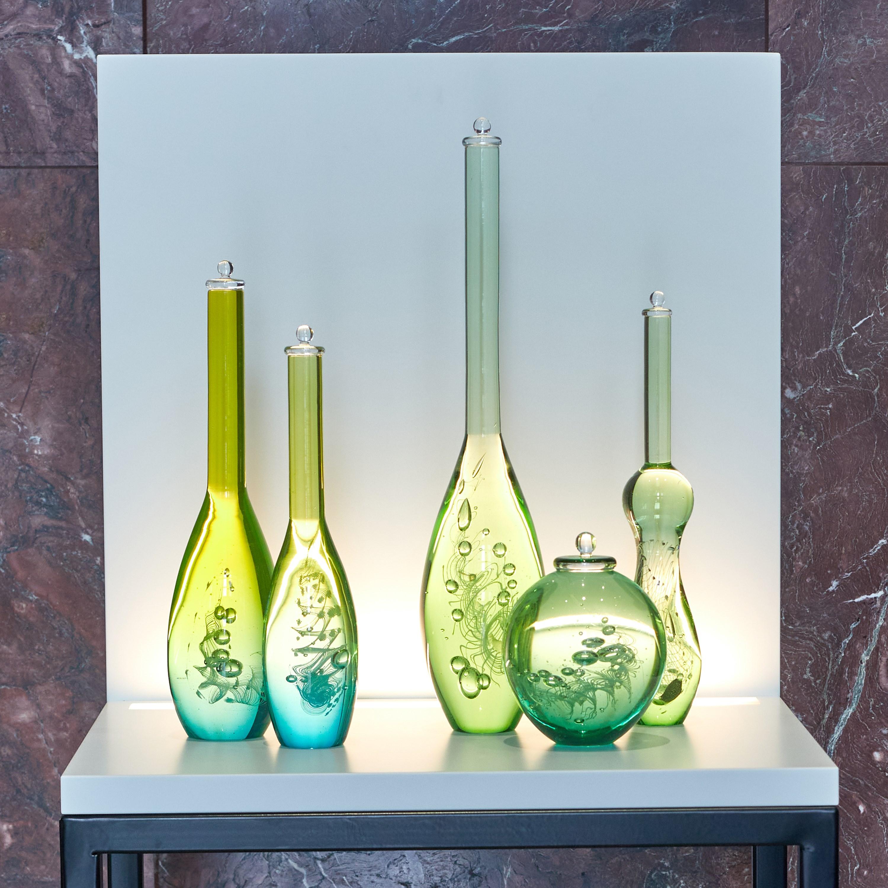 Organic Modern Dna Sequence iii, a Green & Aqua Glass Bottle Installation by Louis Thompson For Sale