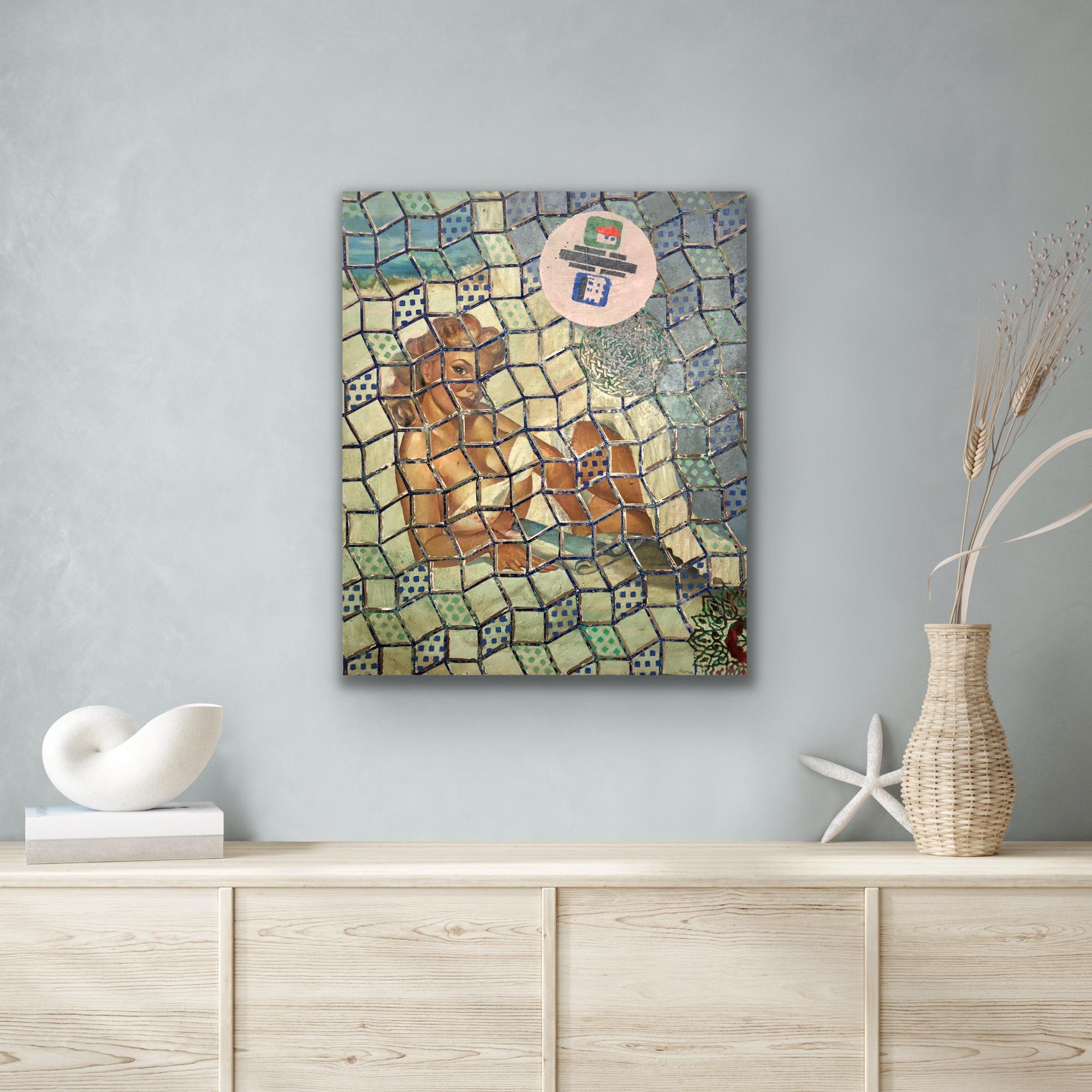 Figurative 'pin-up' portrait painting with abstract mosaic style background by Hungarian artist Dénes Wächter. Offered unframed.

Dénes Wächter creates unique post-pop art paintings by combining and connecting motifs, figures, patterns, and styles