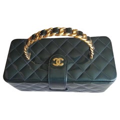 Chanel 90's Vintage Patent Iridescent Turquoise Green Quilted Top Handle