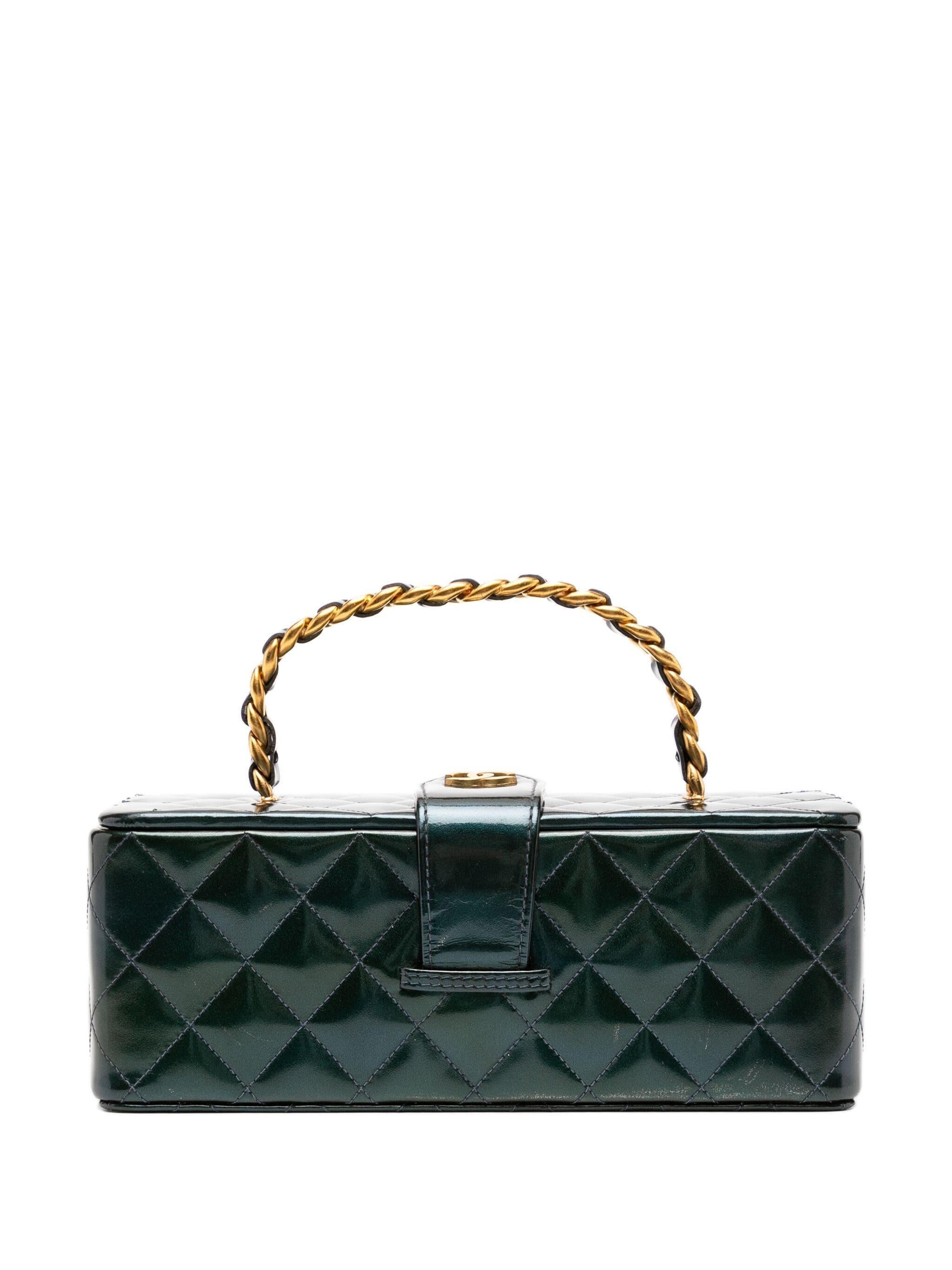 Women's Chanel 90's Vintage Patent Iridescent Turquoise Green Quilted Top Handle