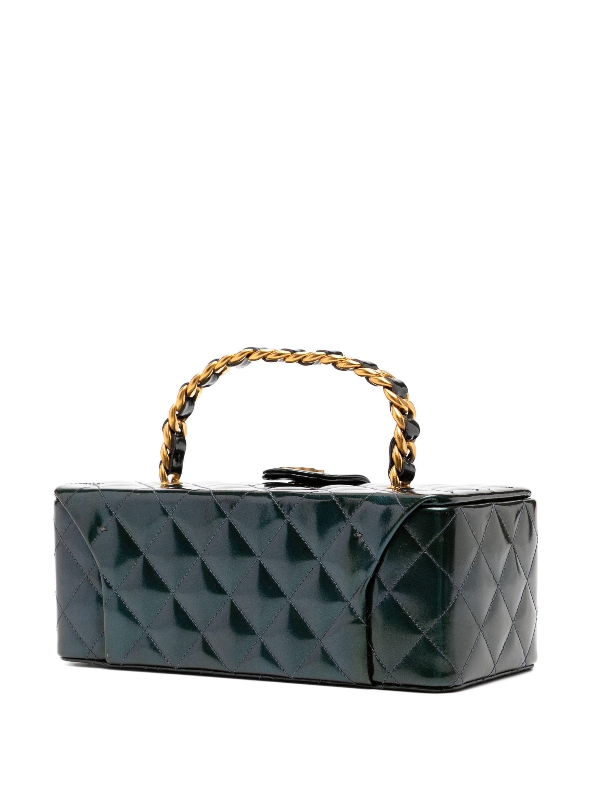 Chanel 90's Vintage Patent Iridescent Turquoise Green Quilted Top Handle 1