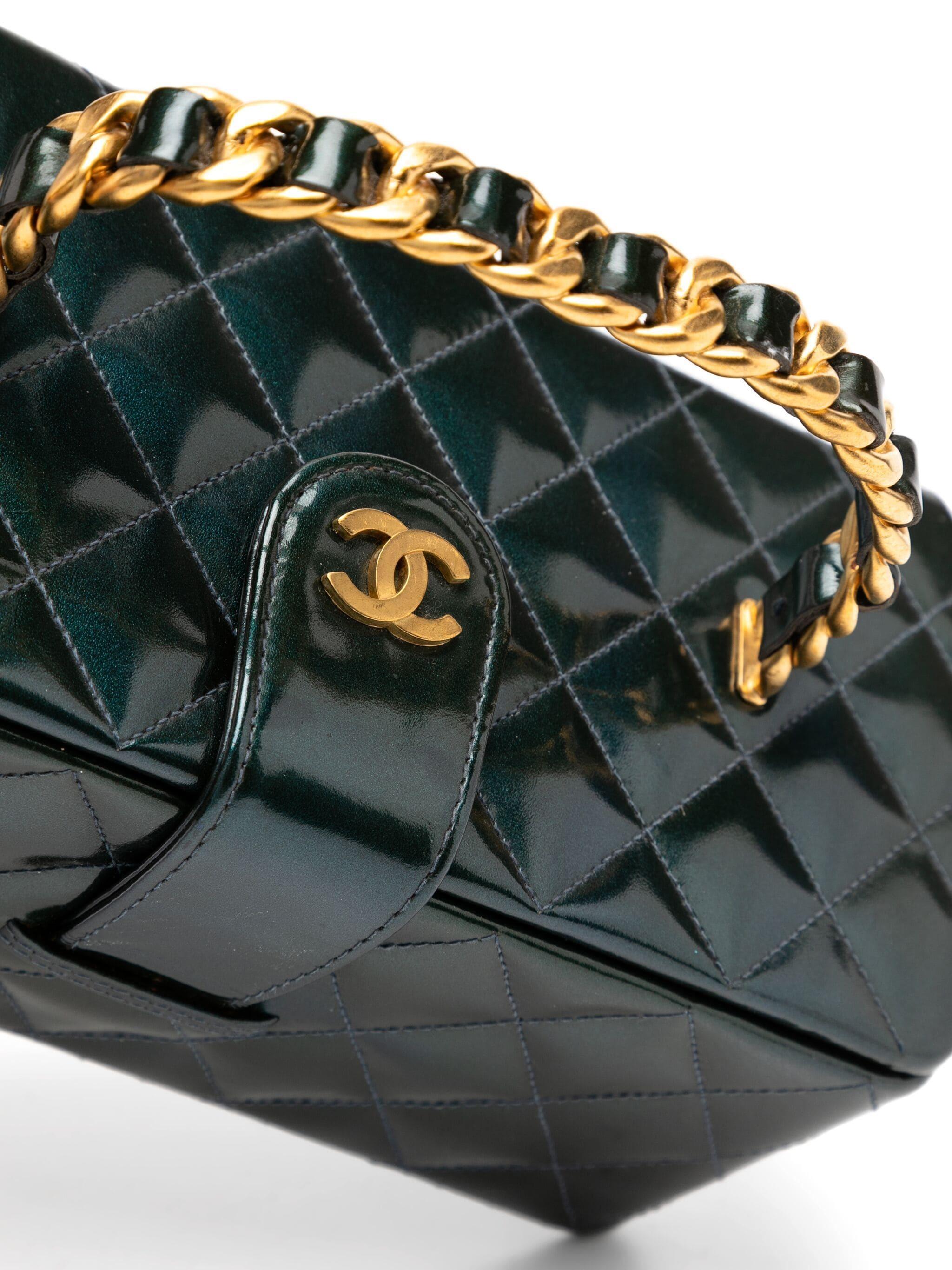 Chanel 90's Vintage Patent Iridescent Turquoise Green Quilted Top Handle 2