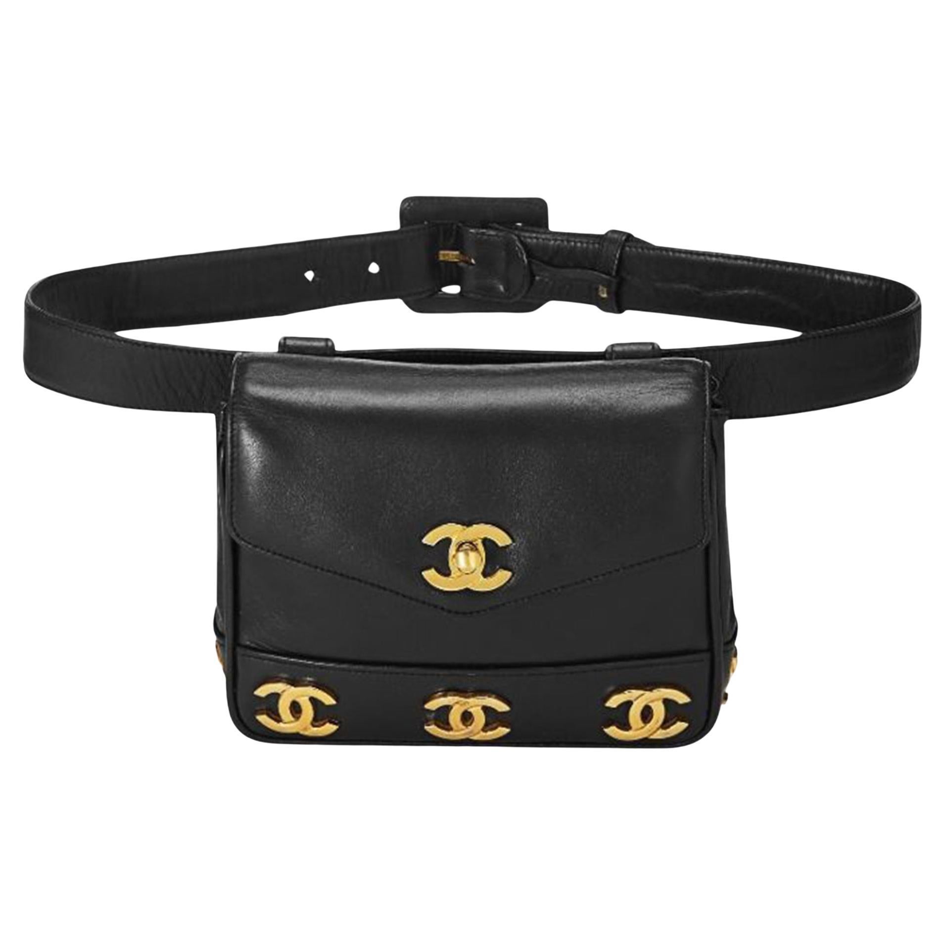 Chanel 1991 Vintage Rare Multi Plaque CC Logos Waist Belt Fanny Pack Bum Bag