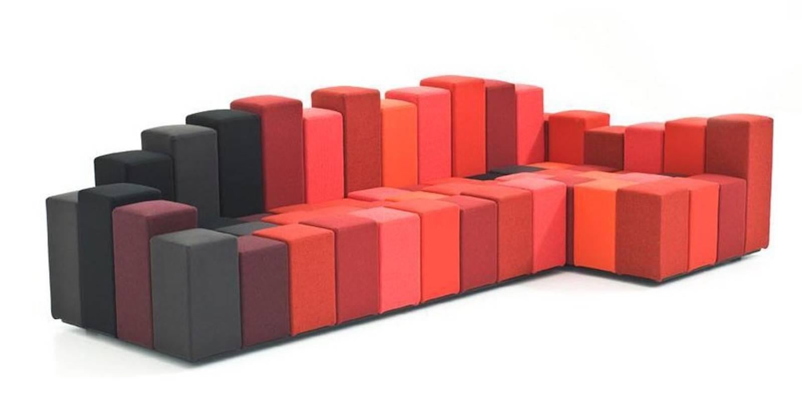 The basic module takes inspiration from the pixel, the base unit of an image, and is the starting point for the design project. Soft rectangular cubes with a square base in a range of heights give complete freedom in how they are put together,