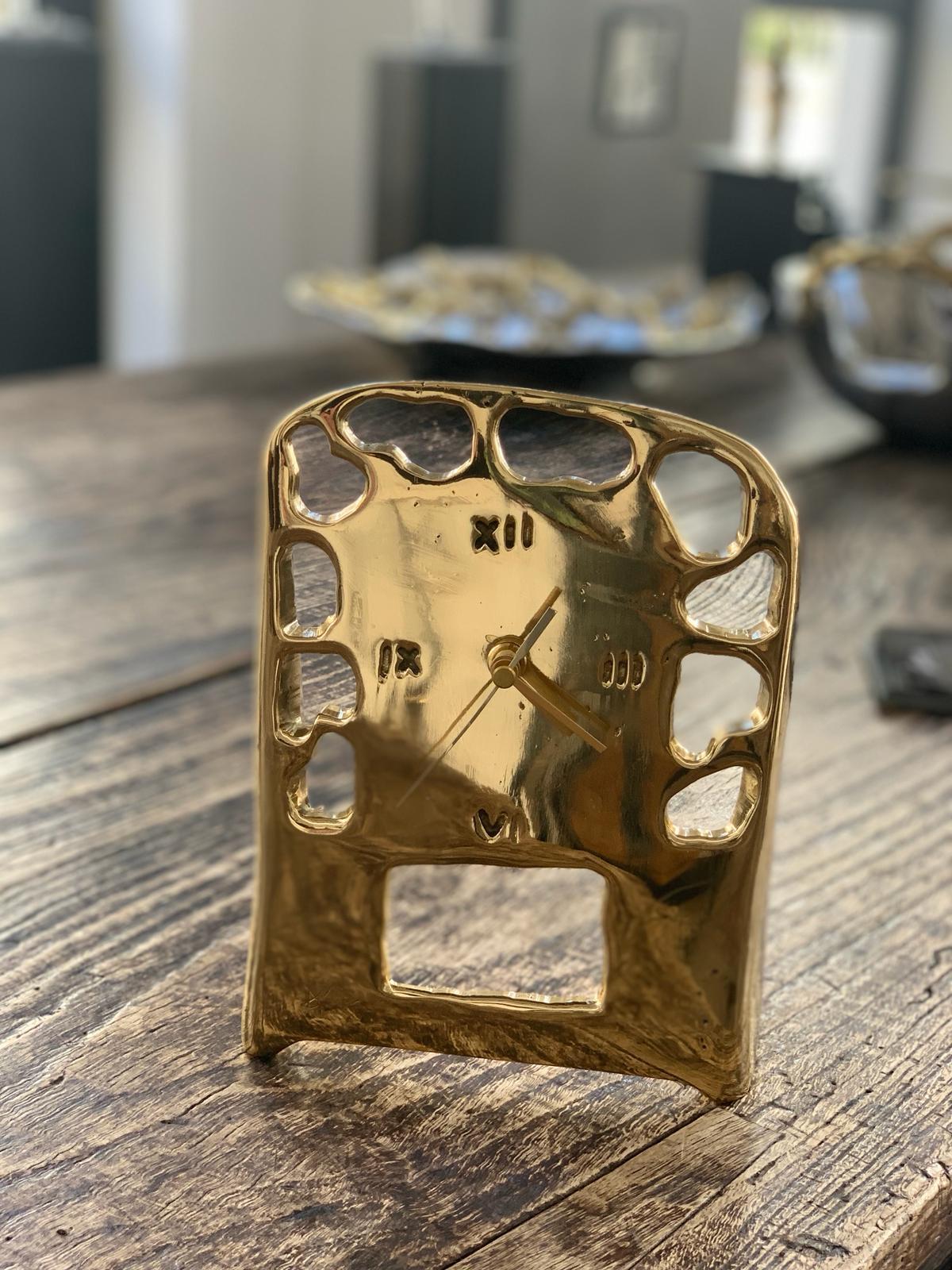 Brutalist DO12 Perforated Clock, Gold  coloured,  Solid cast Brass  Handmade For Sale