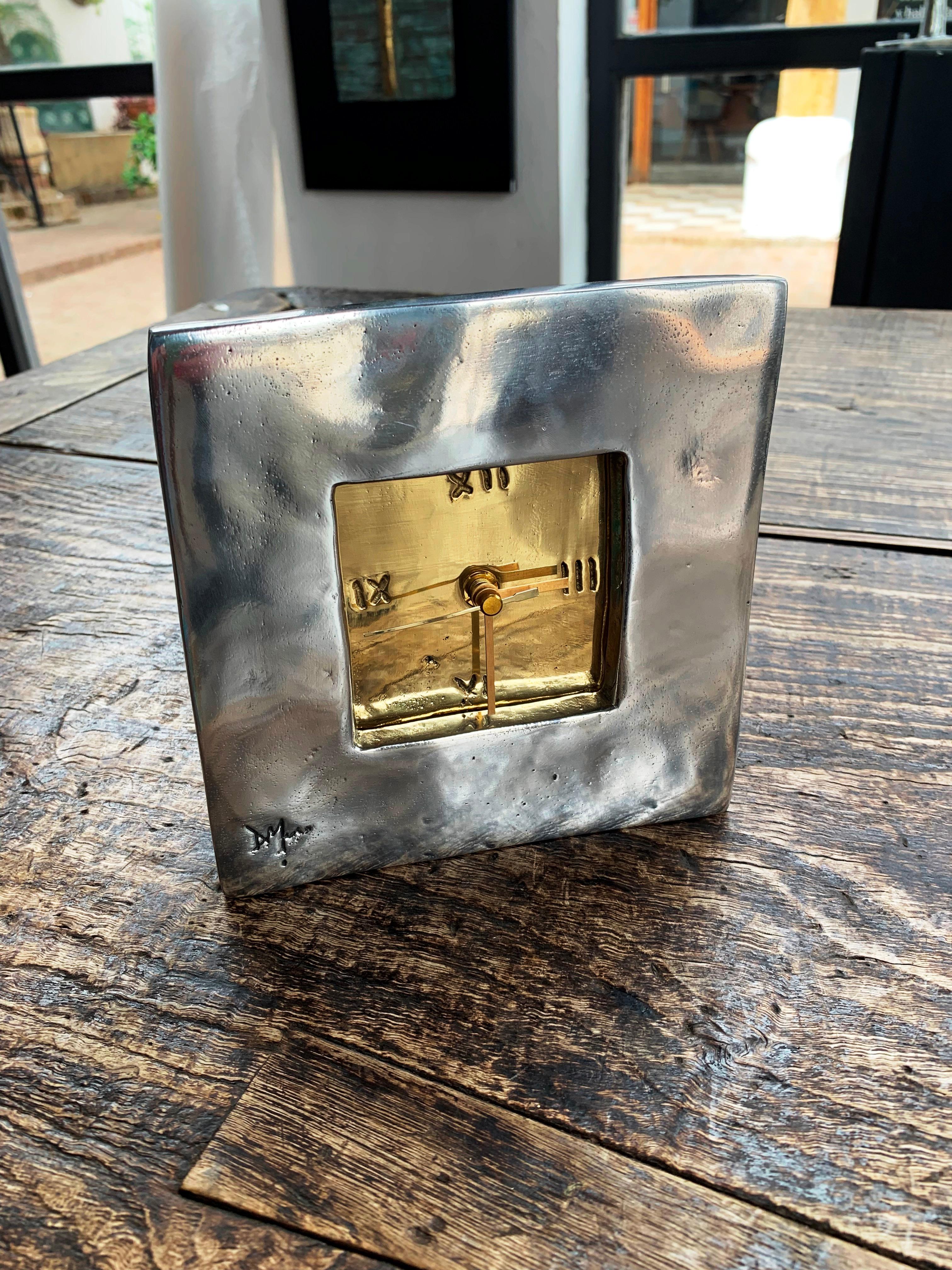 Spanish DO16 Square  Clock, Gold and aluminium coloured,  Solid cast Brass & Aluminium For Sale