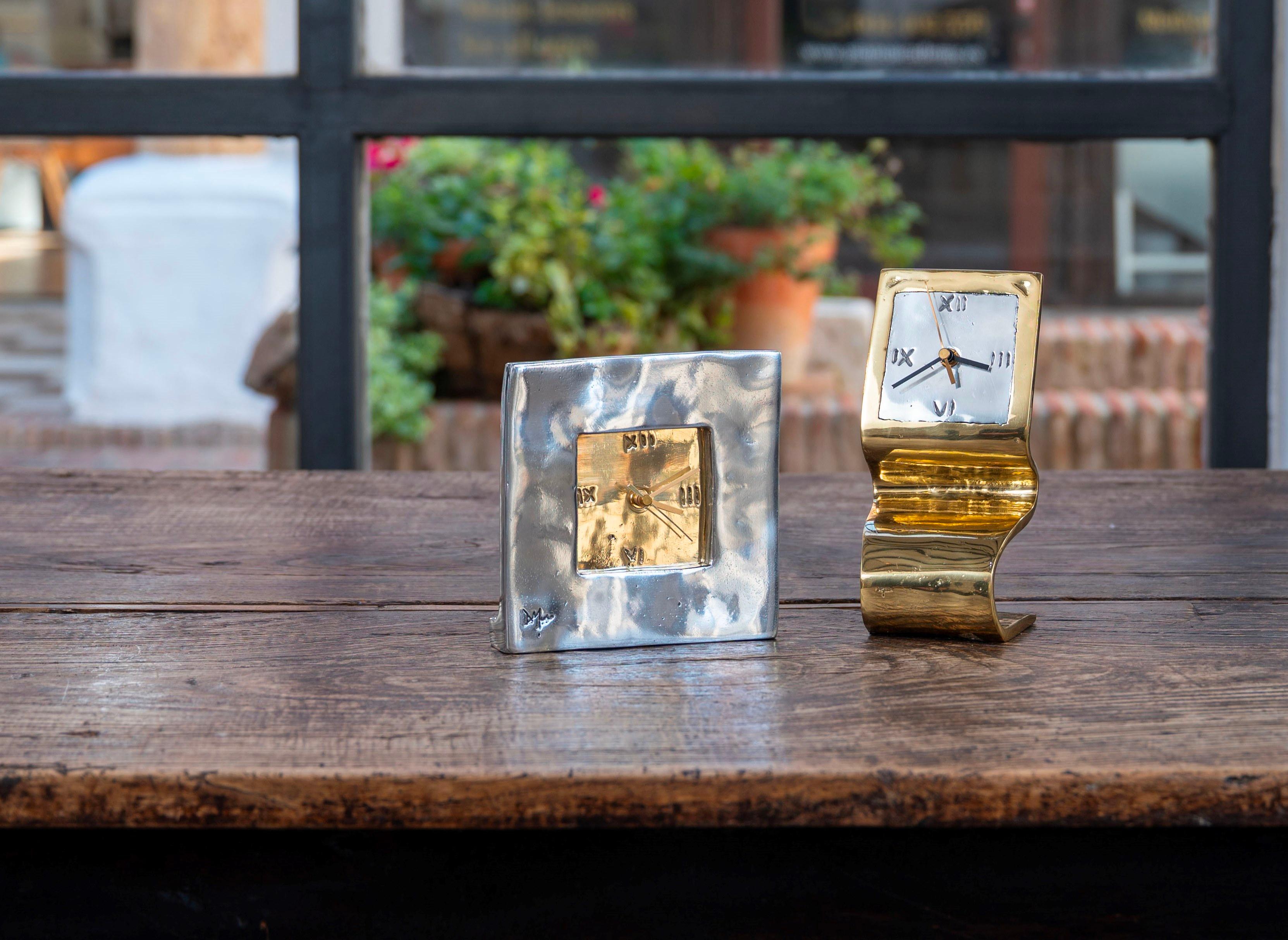 Brutalist DO16 Square  Clock, Gold and aluminium coloured,  Solid cast Brass & Aluminium For Sale