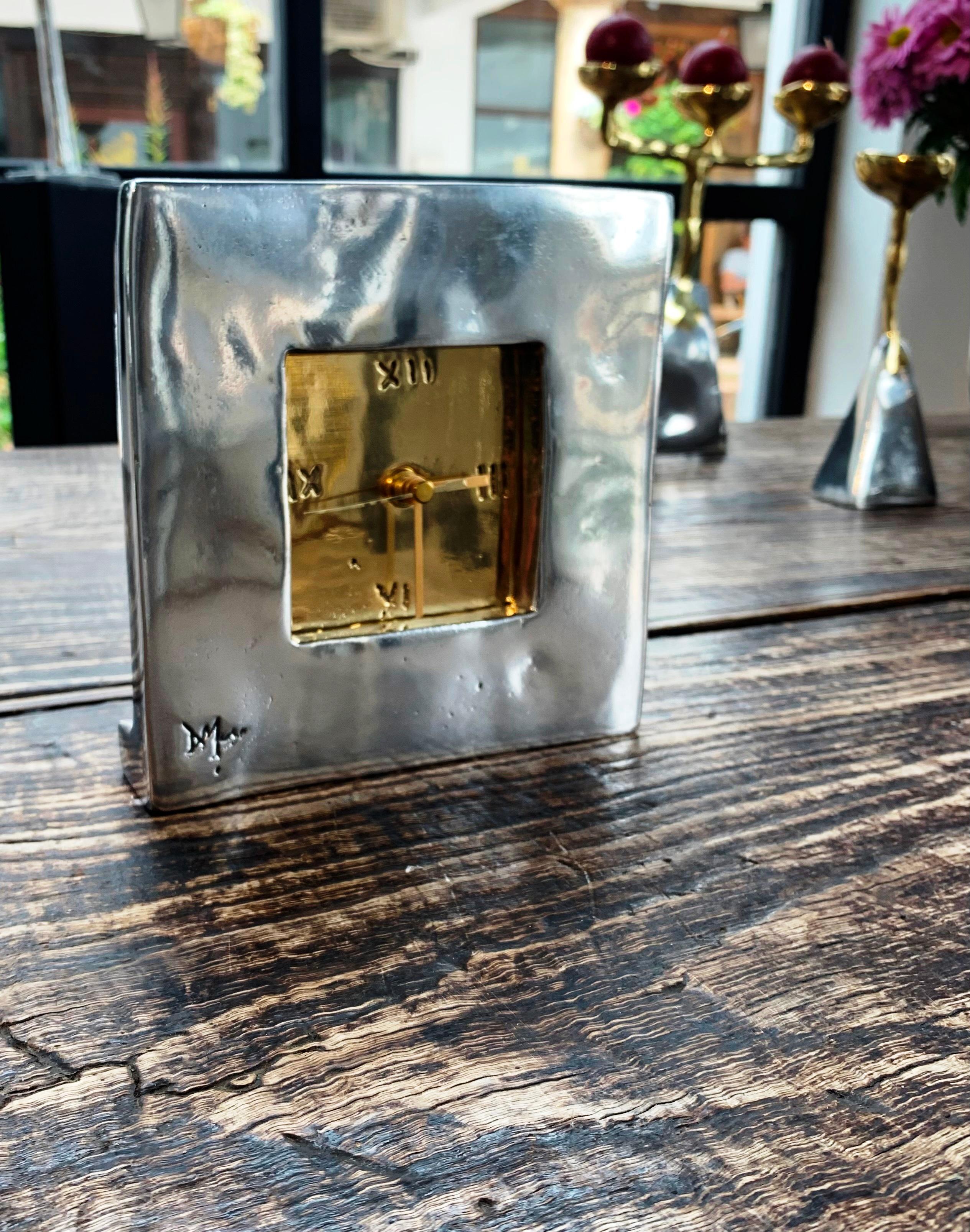 Aluminum DO16 Square  Clock, Gold and aluminium coloured,  Solid cast Brass & Aluminium For Sale