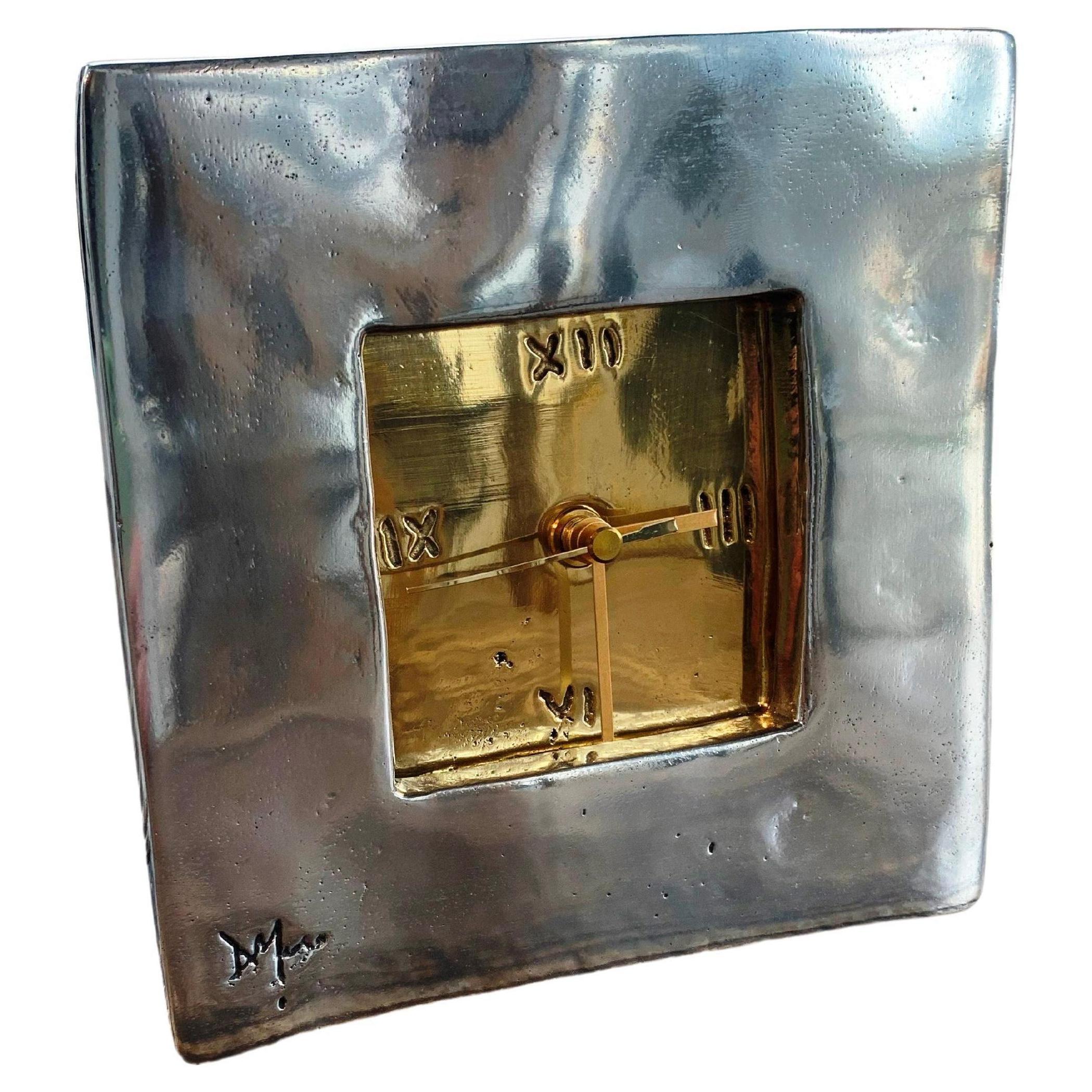 DO16 Square  Clock, Gold and aluminium coloured,  Solid cast Brass & Aluminium For Sale