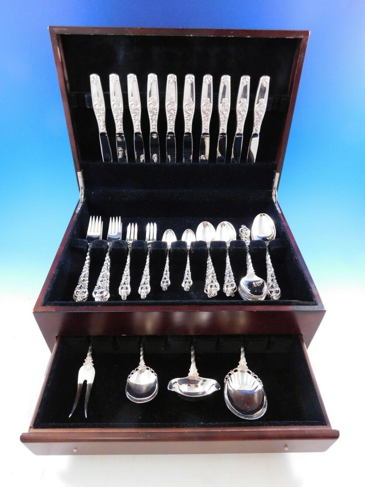 Rare Dobbel Rokokko (Double Rococo) by Brodrene Lohne 830 silver pierced handle Norwegian flatware set - 64 pieces. This set includes:

10 knives, 8 1/4