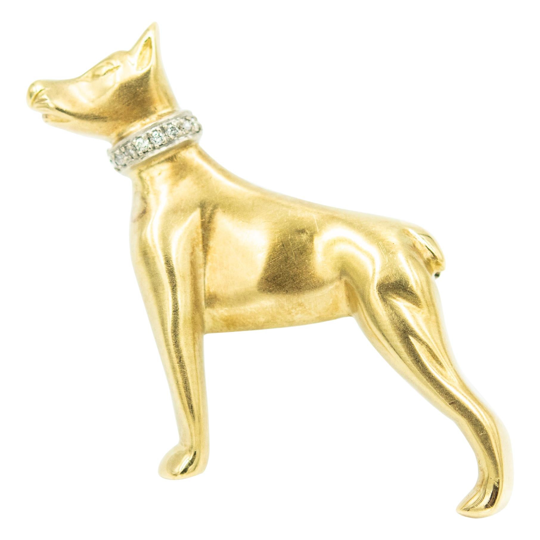 Doberman Pinscher Figural Diamond Yellow Gold Dog Brooch For Sale