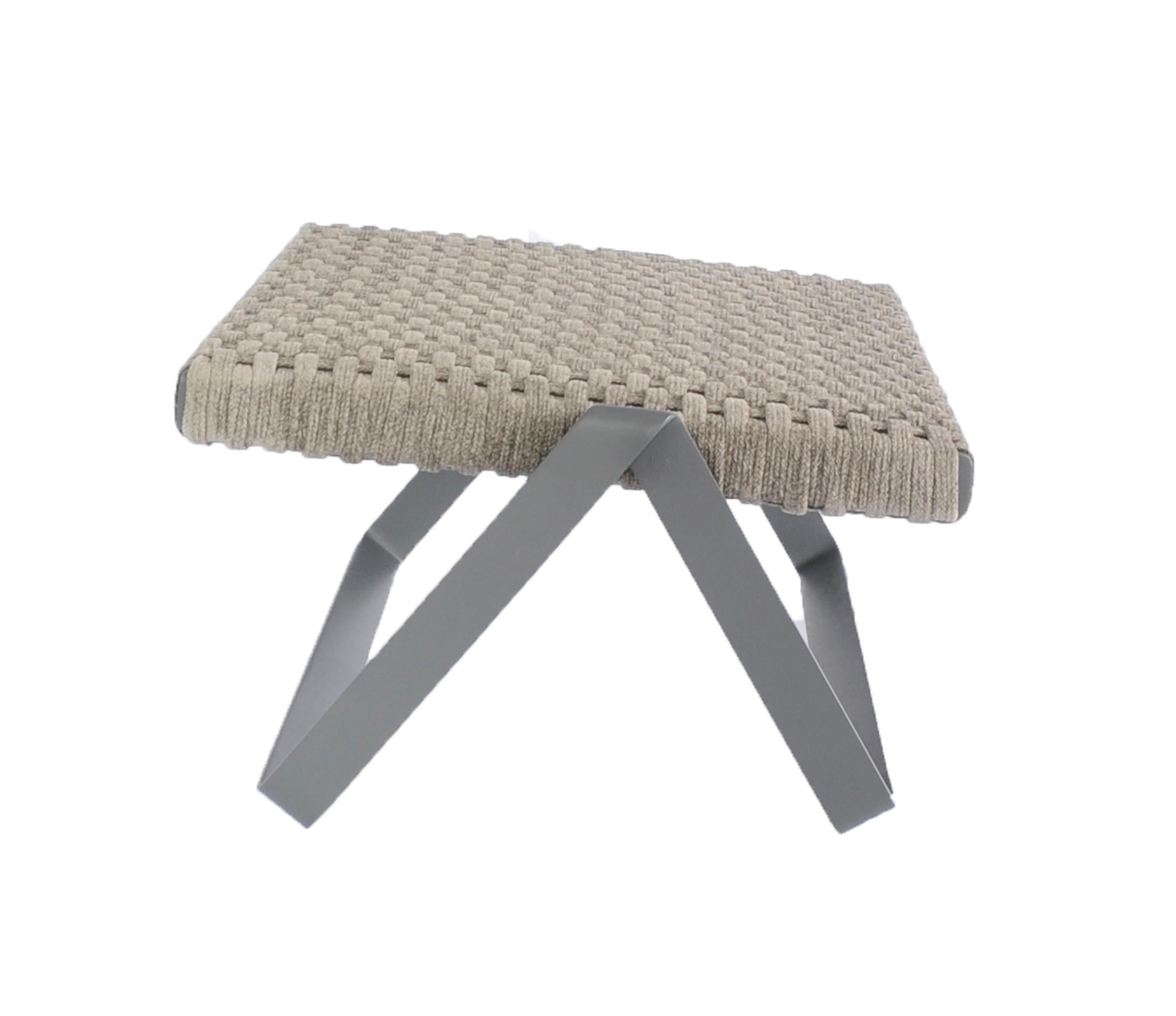 The Dobra outdoor footstool is made to match the lounge chair part of the Dobra furniture line which is designed with the concept of a continuous steel bar folded to create legs and frames for the different components.
