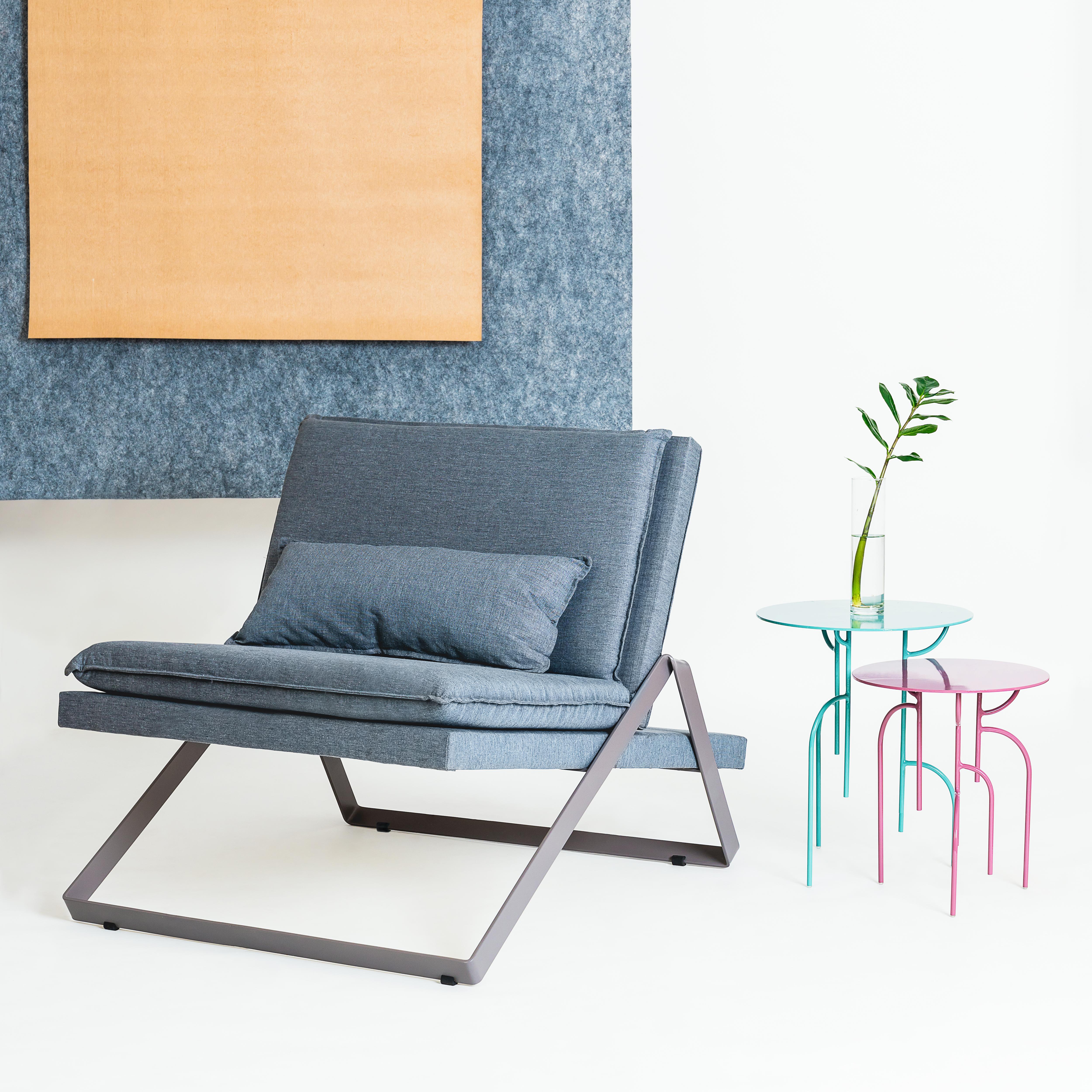Powder-Coated Dobra Upholstered Lounge Chair in Grey Linen by Filipe Ramos For Sale