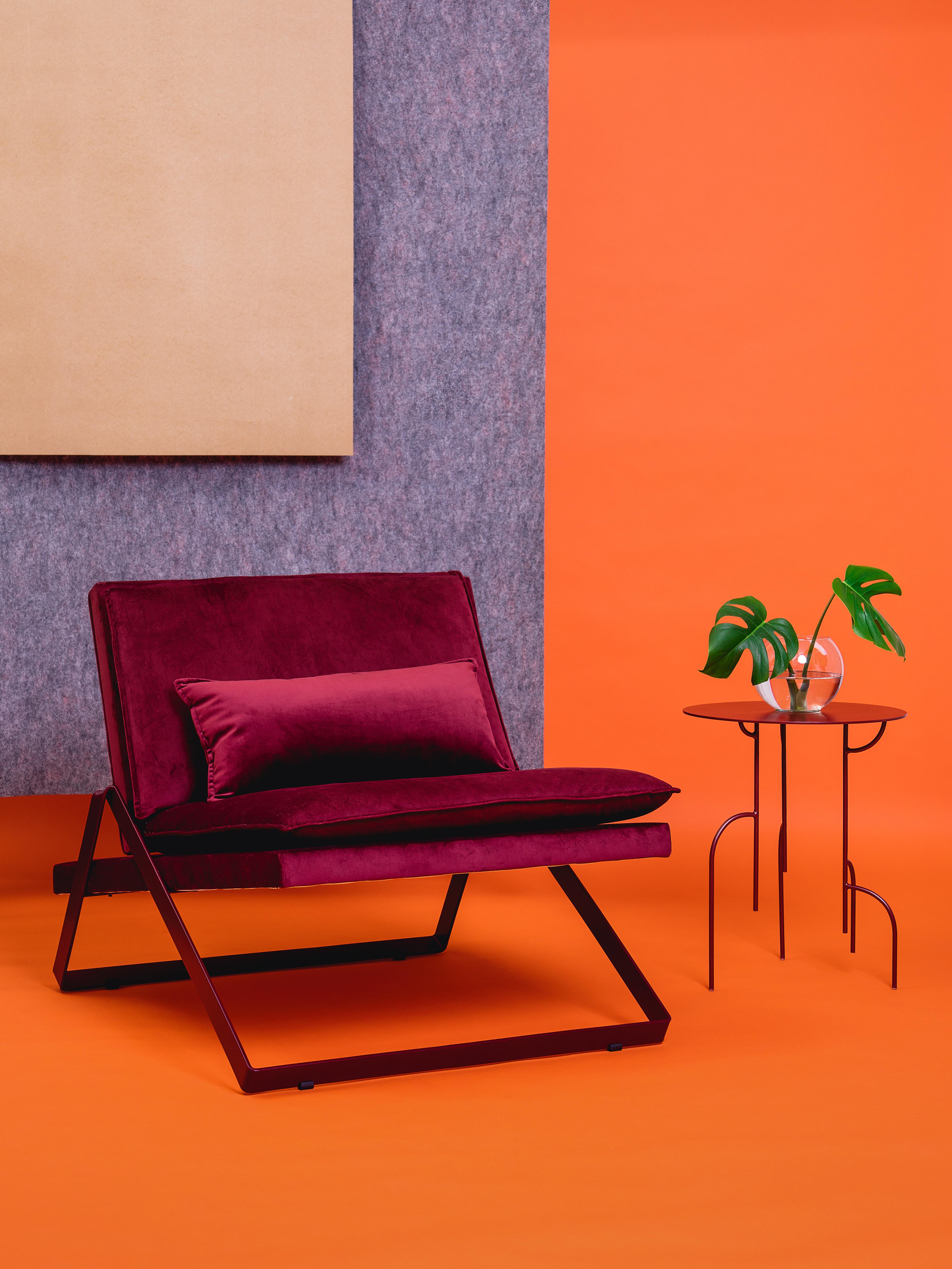 Brazilian Dobra Upholstered Lounge Chair in Red Velvet by Filipe Ramos For Sale