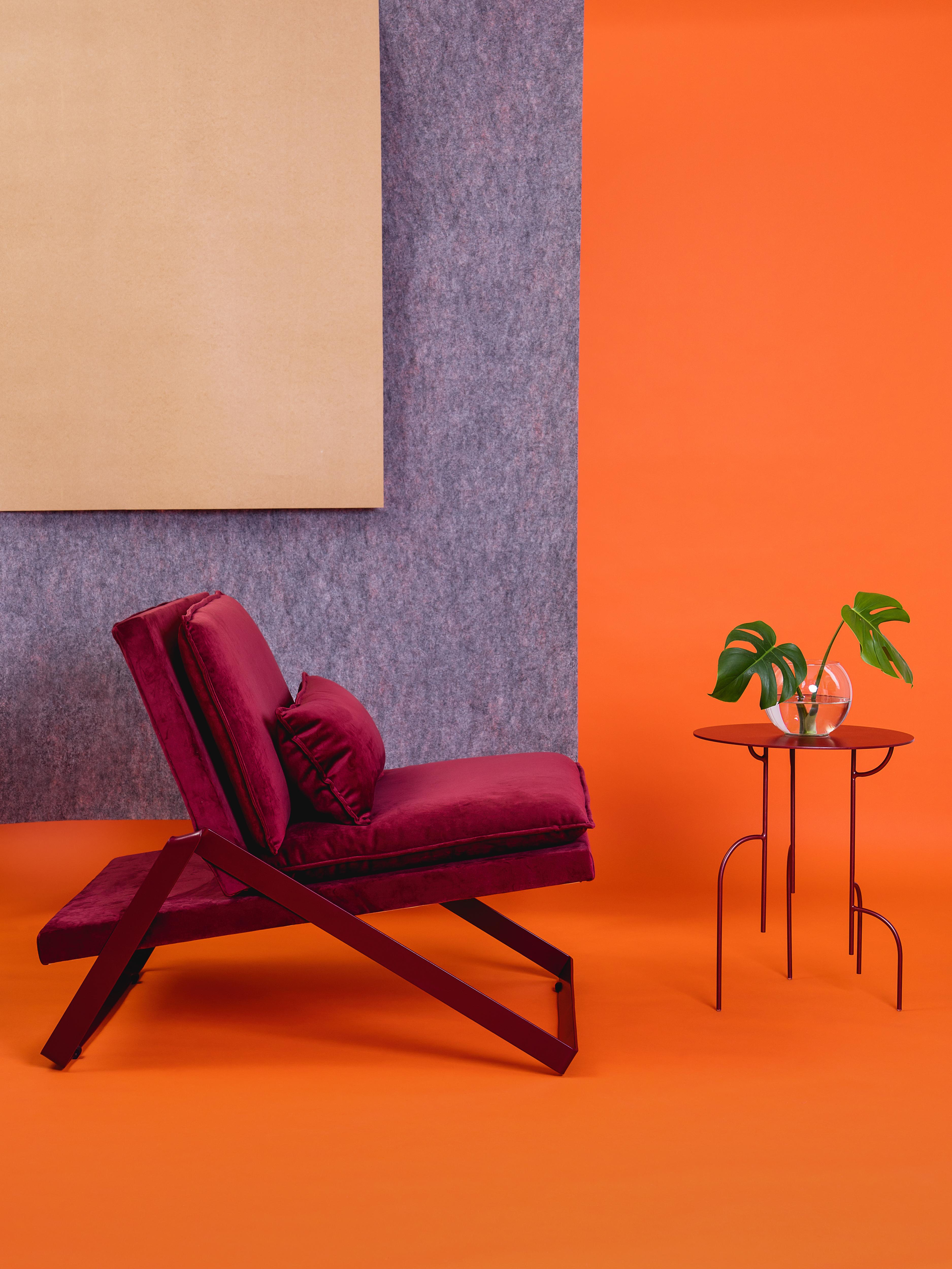 Powder-Coated Dobra Upholstered Lounge Chair in Red Velvet by Filipe Ramos For Sale