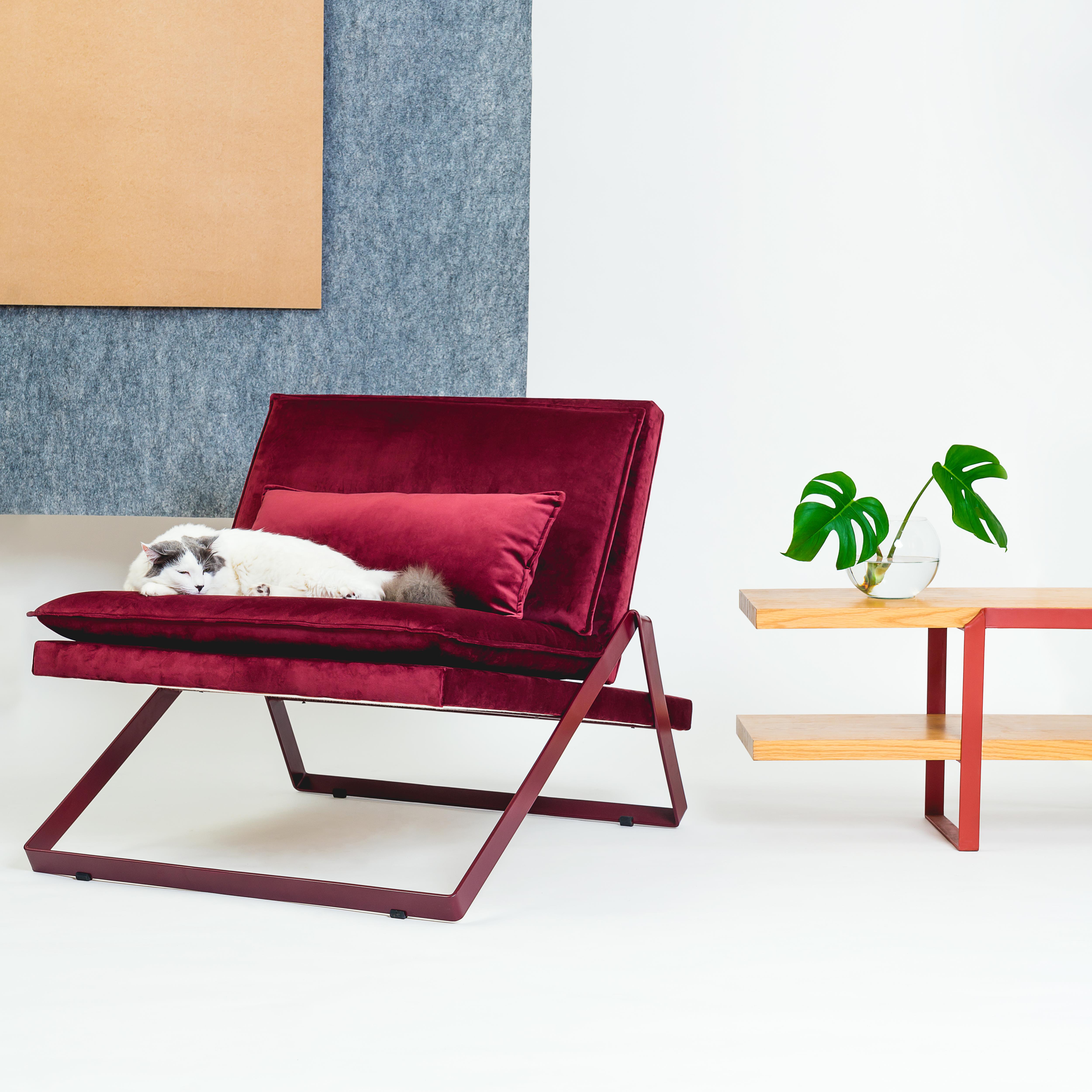 Contemporary Dobra Upholstered Lounge Chair in Red Velvet by Filipe Ramos For Sale