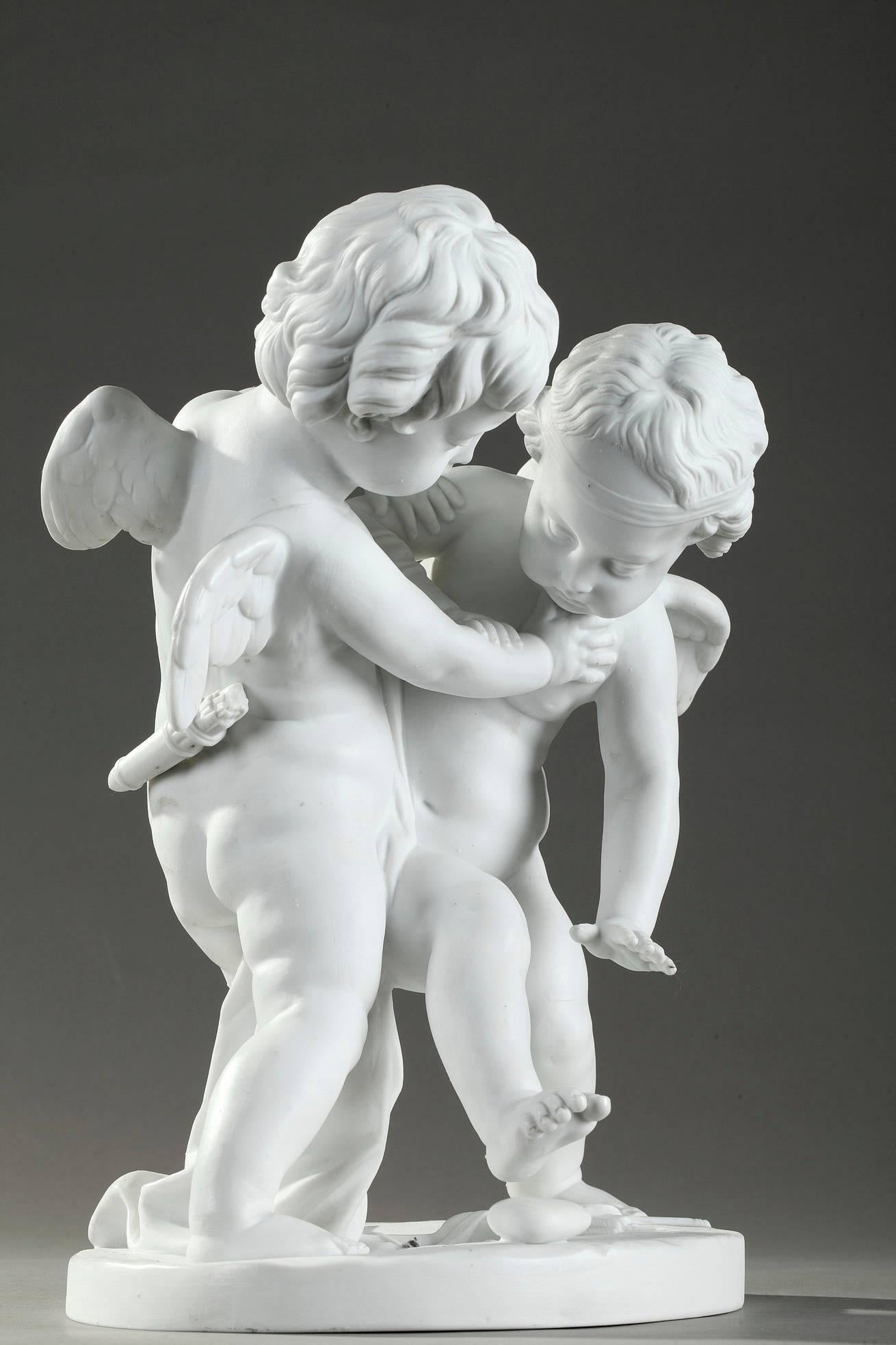 Neoclassical Doccia Bisque Porcelain Group Two Cupids Fighting over a Heart after Falconet