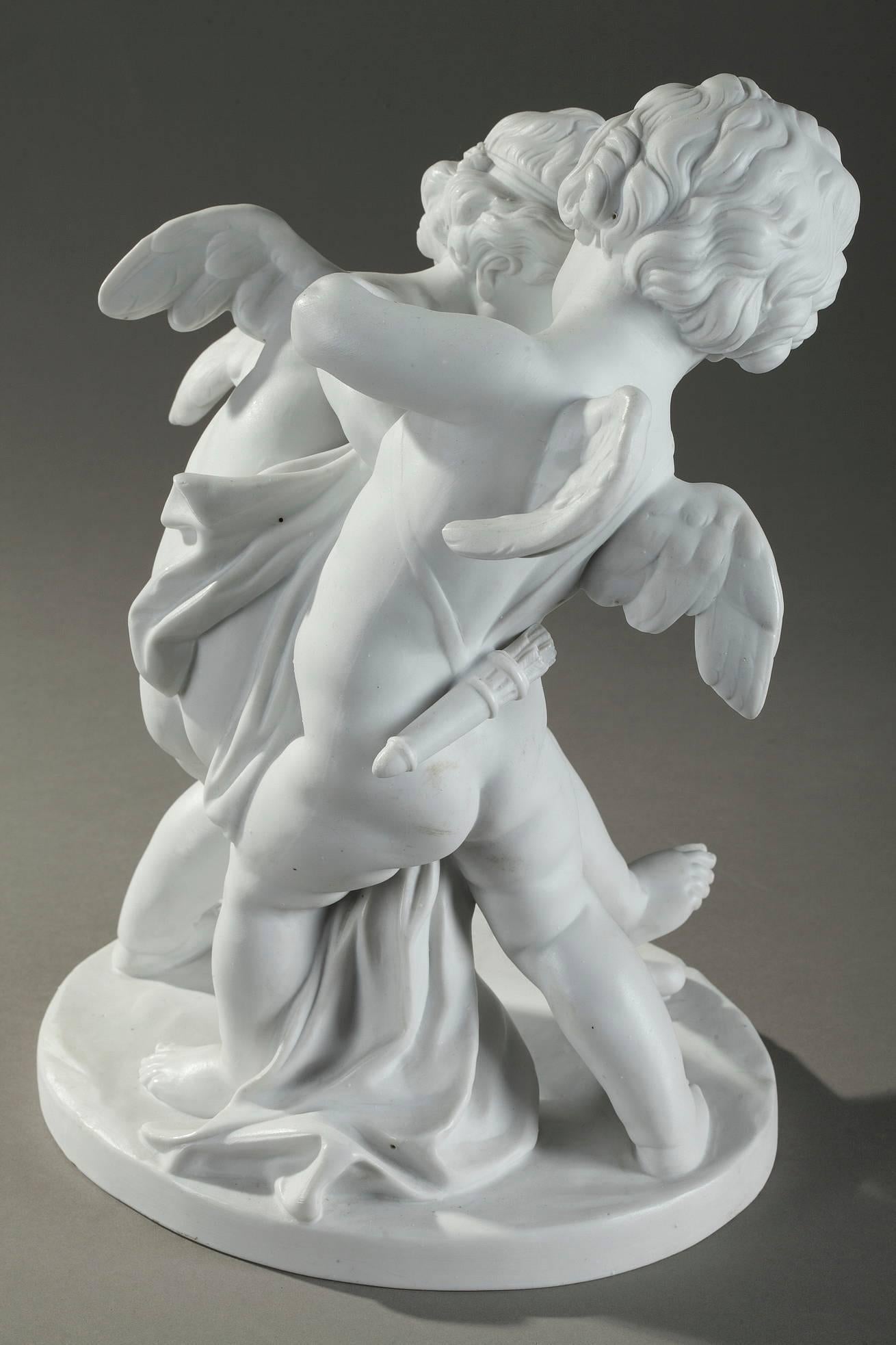 Doccia Bisque Porcelain Group Two Cupids Fighting over a Heart after Falconet In Good Condition In Paris, FR