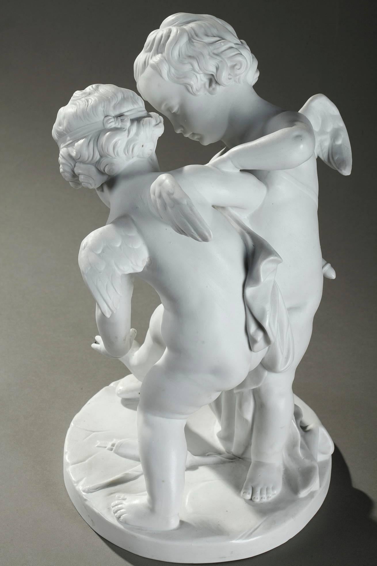19th Century Doccia Bisque Porcelain Group Two Cupids Fighting over a Heart after Falconet