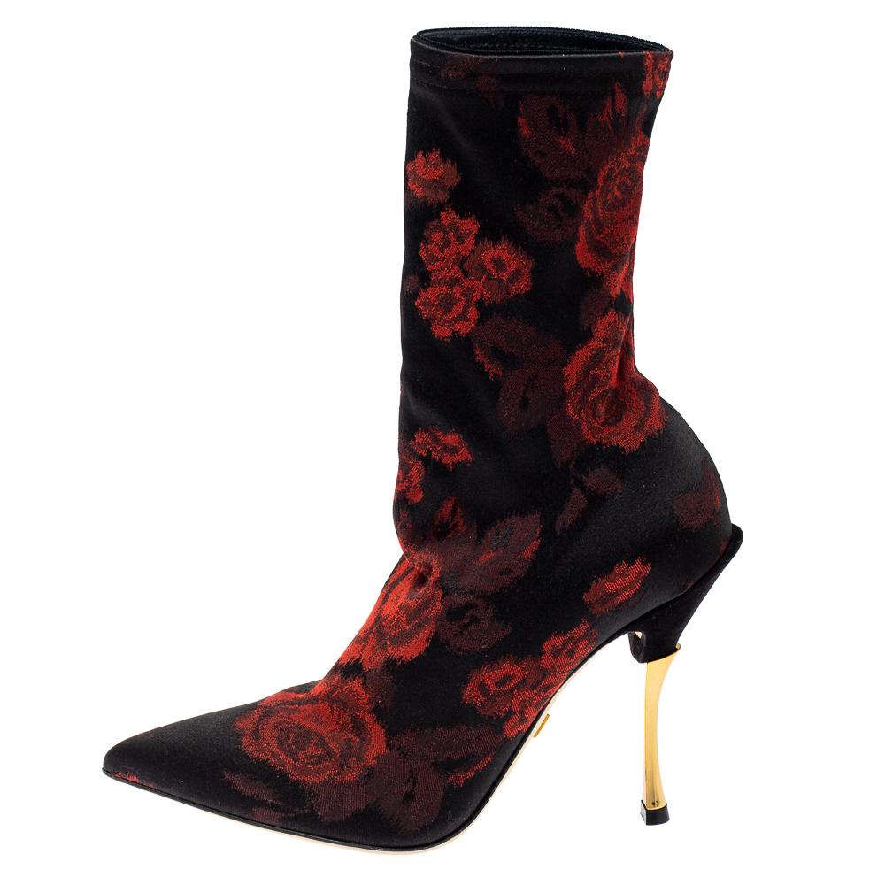 Women's Docle & Gabbana Black/Red Rose Jacquard Fabric Boots Size 36 For Sale