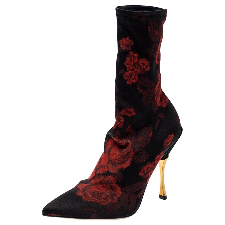 Docle & Gabbana Black/Red Rose Jacquard Fabric Boots Size 36 For Sale