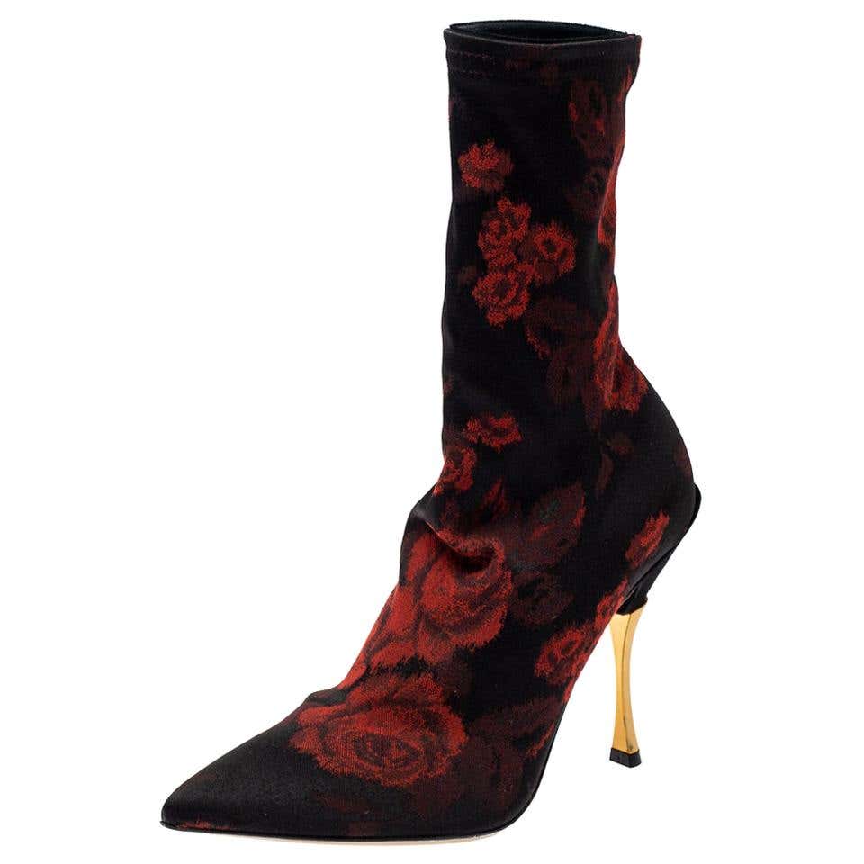 Docle and Gabbana Black/Red Rose Jacquard Fabric Boots Size 36 For Sale ...