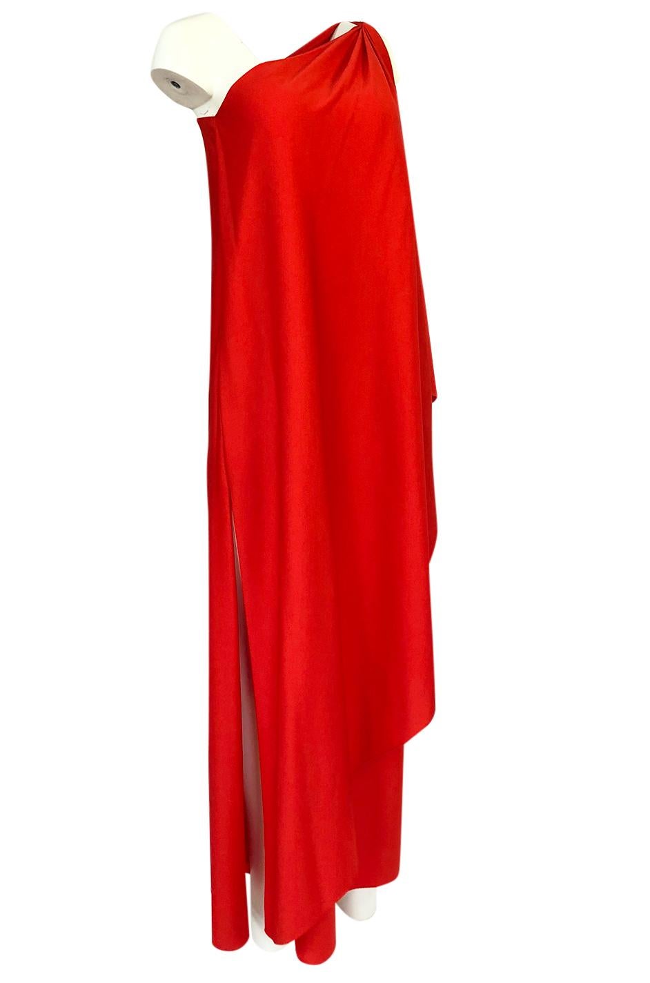 Documented 1978 Halston One Shoulder Red Draped Jersey Halston Dress In Excellent Condition In Rockwood, ON