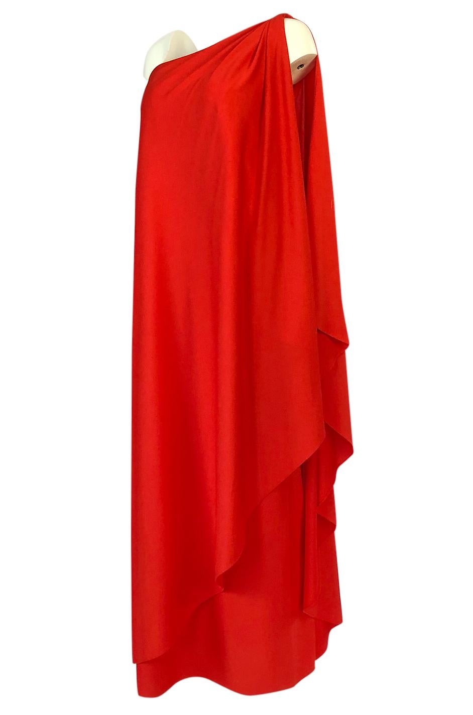 Women's Documented 1978 Halston One Shoulder Red Draped Jersey Halston Dress