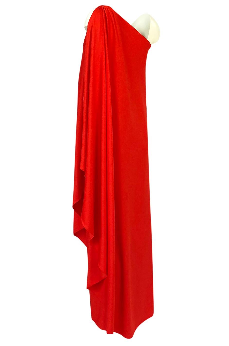 Documented 1978 Halston One Shoulder Red Draped Jersey Halston Dress 2