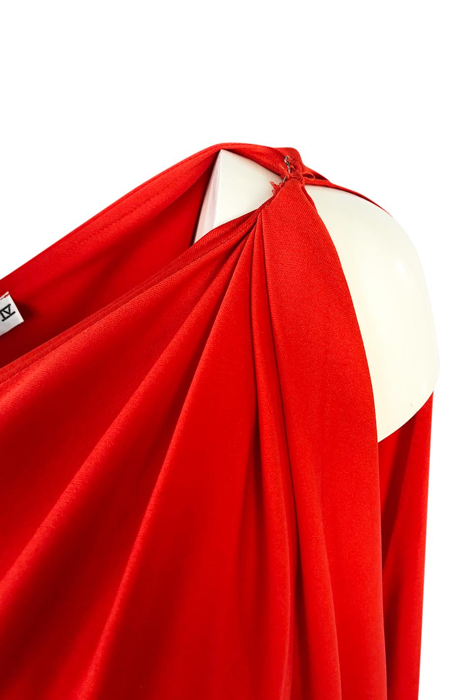 Documented 1978 Halston One Shoulder Red Draped Jersey Halston Dress 3