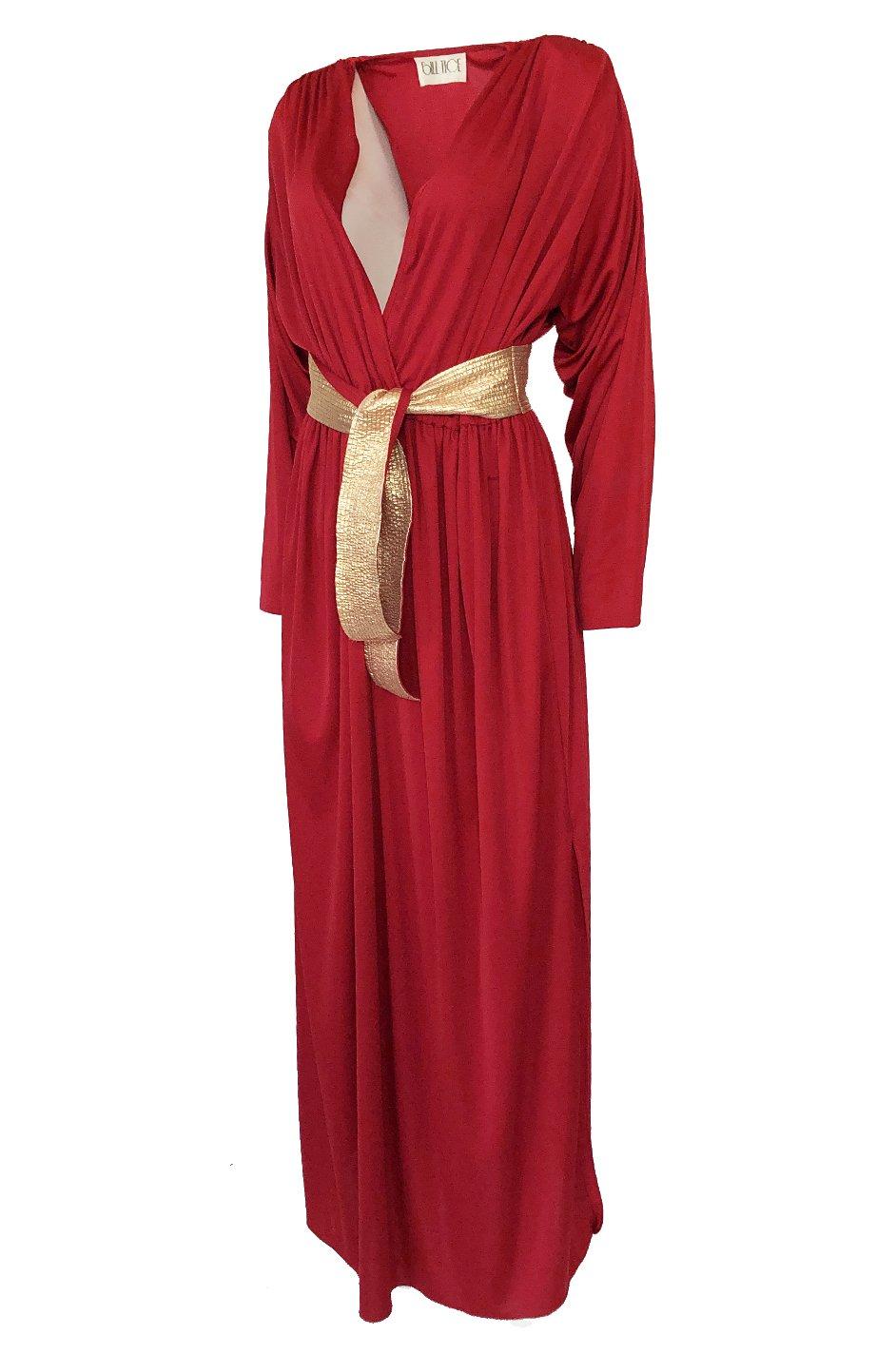 Documented 1980 Bill Tice Plunging Front Red Jersey & Gold Belt Dress In Excellent Condition In Rockwood, ON