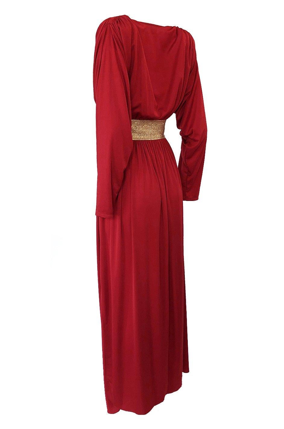 Women's Documented 1980 Bill Tice Plunging Front Red Jersey & Gold Belt Dress