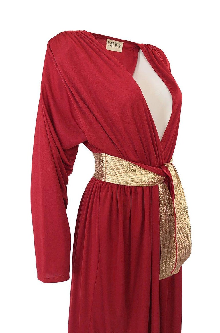 1980 Bill Tice Cream & Gold Backless Jersey Plunge Gown