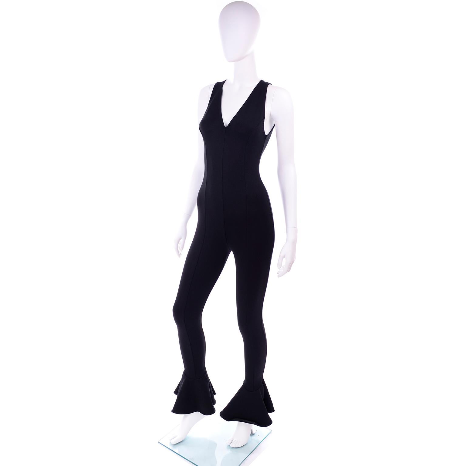 Documented 1993 Gianni Versace Couture Vintage Black Runway Ruffled Hem Jumpsuit For Sale 2