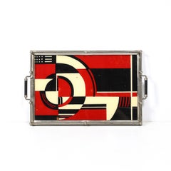 Documented Art Deco Spiral Cubist Eglomise White, Cream & Black Detailed Tray