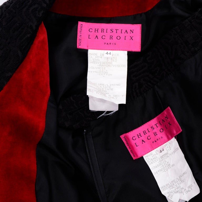 Documented Christian Lacroix 1994 Runway Black Velvet Skirt Suit W Red Velvet For Sale 6